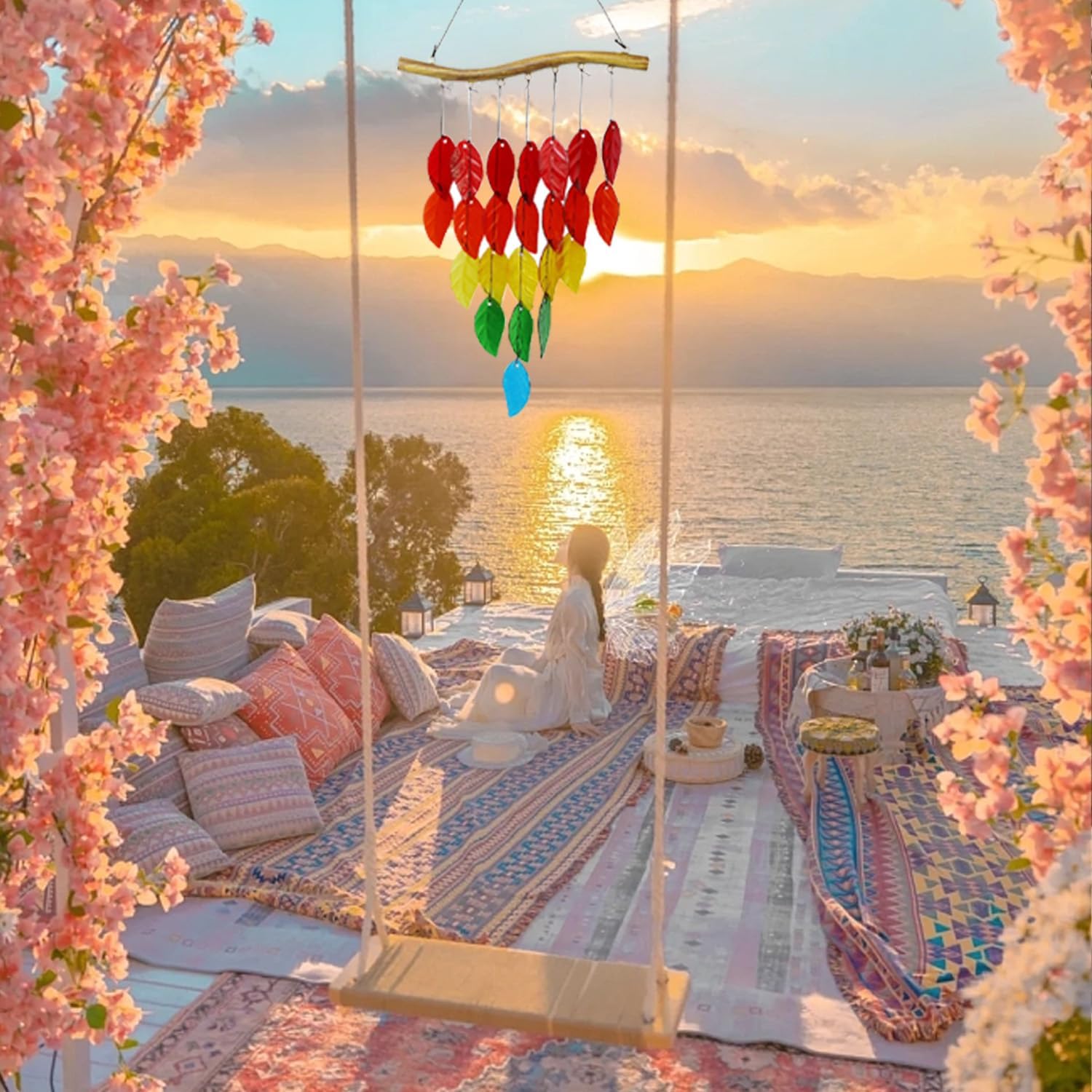 Handmade Stained Glass Leaf Wind Chimes - Indoor/Outdoor Hanging Decoration for Windows, Garden, Backyard