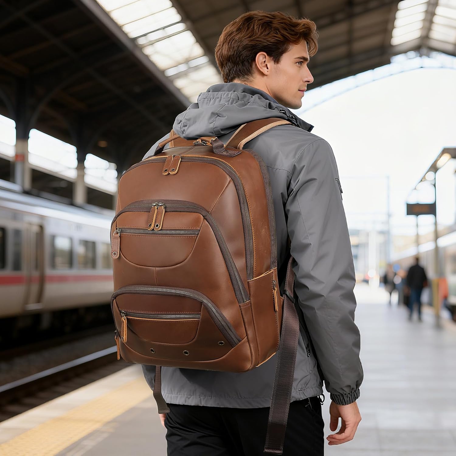 TIDING Brown Leather Travel Backpack for Men, Vintage 16 Inch Laptop Casual Daypack Business Camping Overnight Rucksack - Image 6