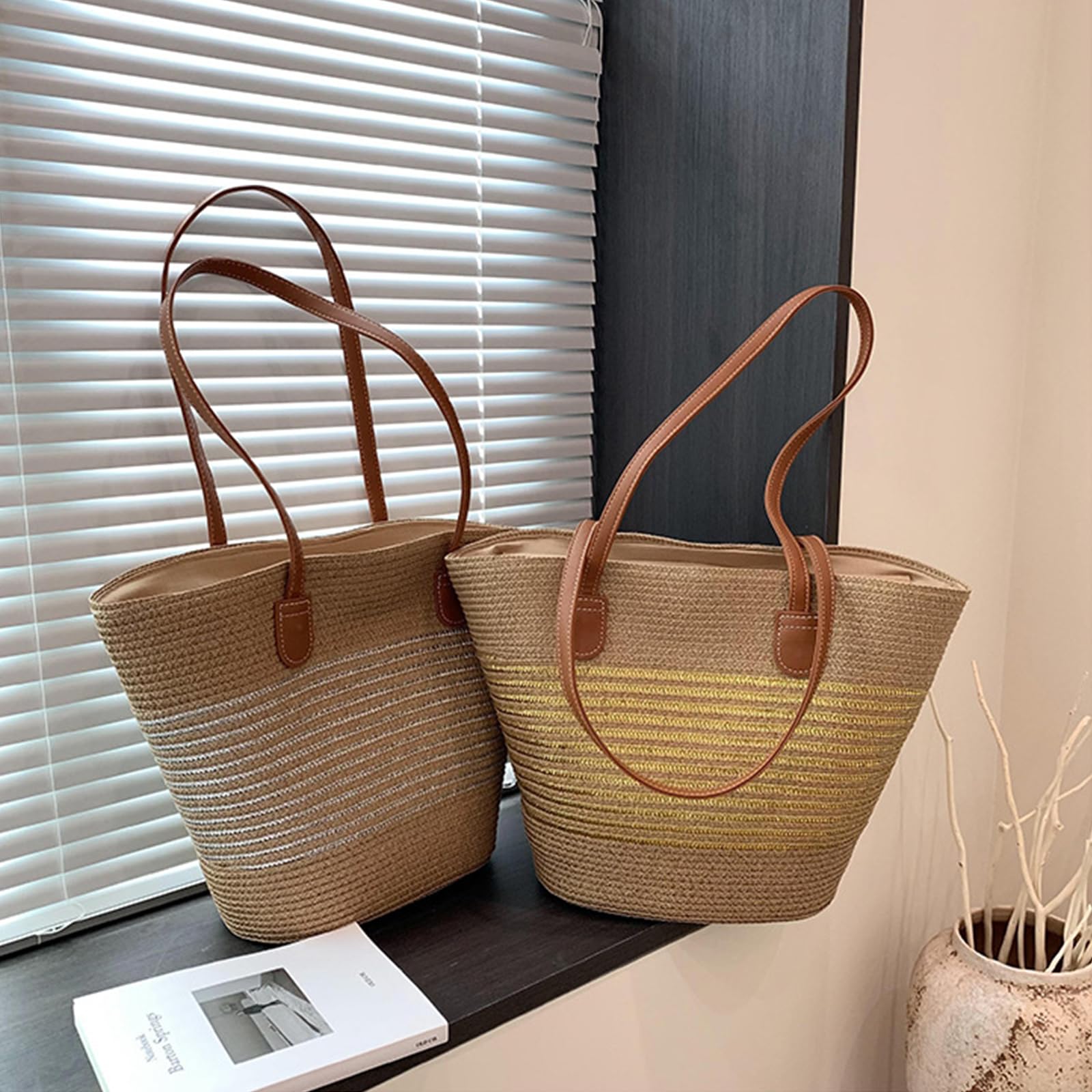 Borsa a Mano in Paglia da Donna Bohemien Borsa a Spalla Borse Tote Tessitura Borsa Spiaggia Intrecciata Borsa a Tracolla Retrò Busta Borsa Tote per Viaggi Data e Vacanz Argento