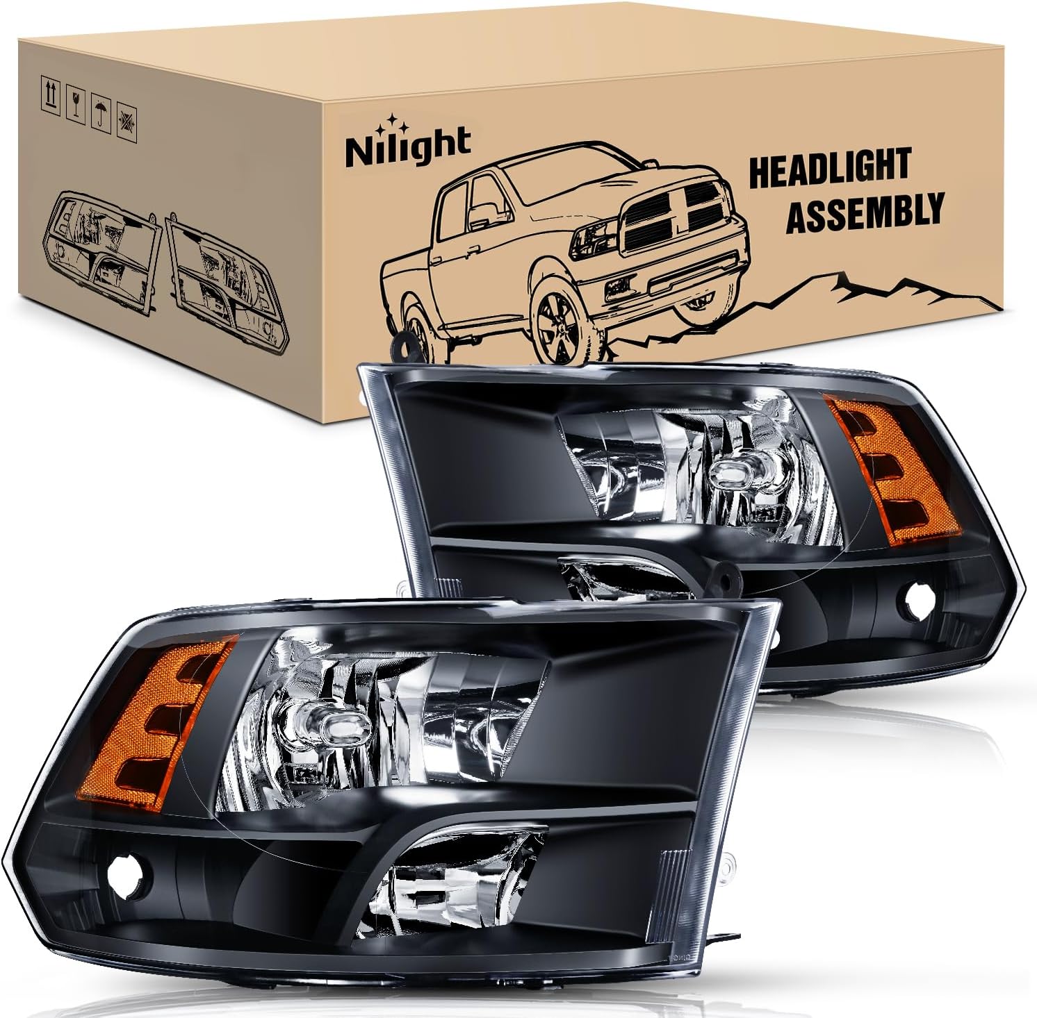 Nilight Headlight Assembly 2009 2010 2011 2012 2013 2014 2015 2016 2017 2018 Ram 1500 2500 3500 Pickup Quad Headlamp Assembly Replacement Black Housing Amber Corner Clear Lens,(Only for Quad Models)