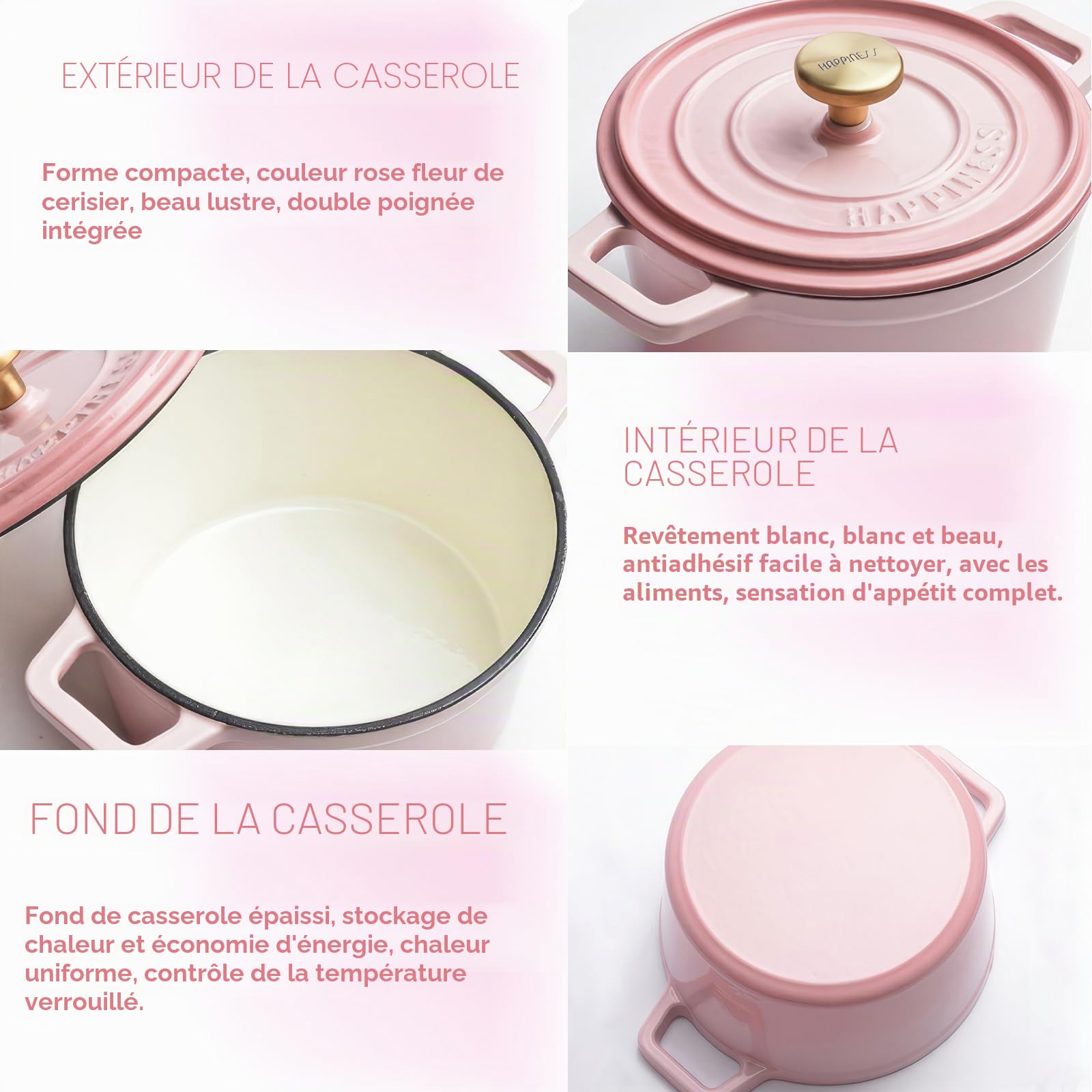 Cocotte en fonte émaillée antiadhésive avec couvercle et 2 poignées pour braiser les ragoûts, rôtir et cuire - Sans danger sur toutes les tables de cuisson (rose)