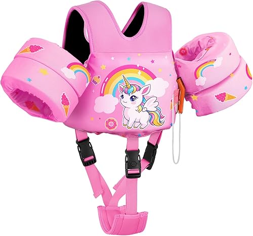 Miniatura 15 de MoKo Chaleco de natación para niños de 15-30-50-66 libras, flotadores de brazos de charco de dibujos animados con correa de entrepierna, flotadores