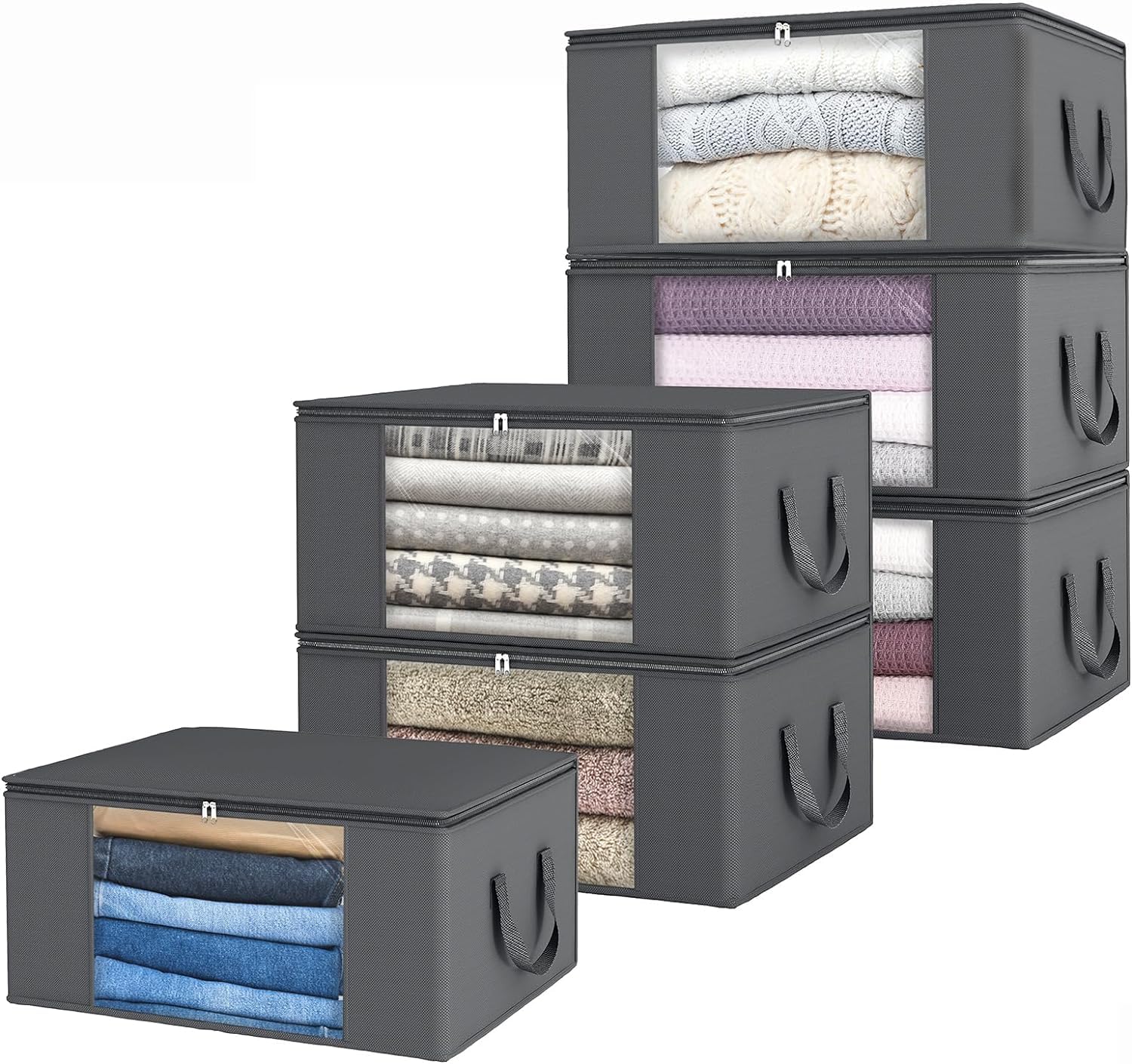 VIRUJA 90L Large Cloth Storage Organizer with Zipper, Foldable Closet Organizers and storage Bags for Organizing Clothing Bedroom Comforter, Cloth Storage Bins - Pack of 6