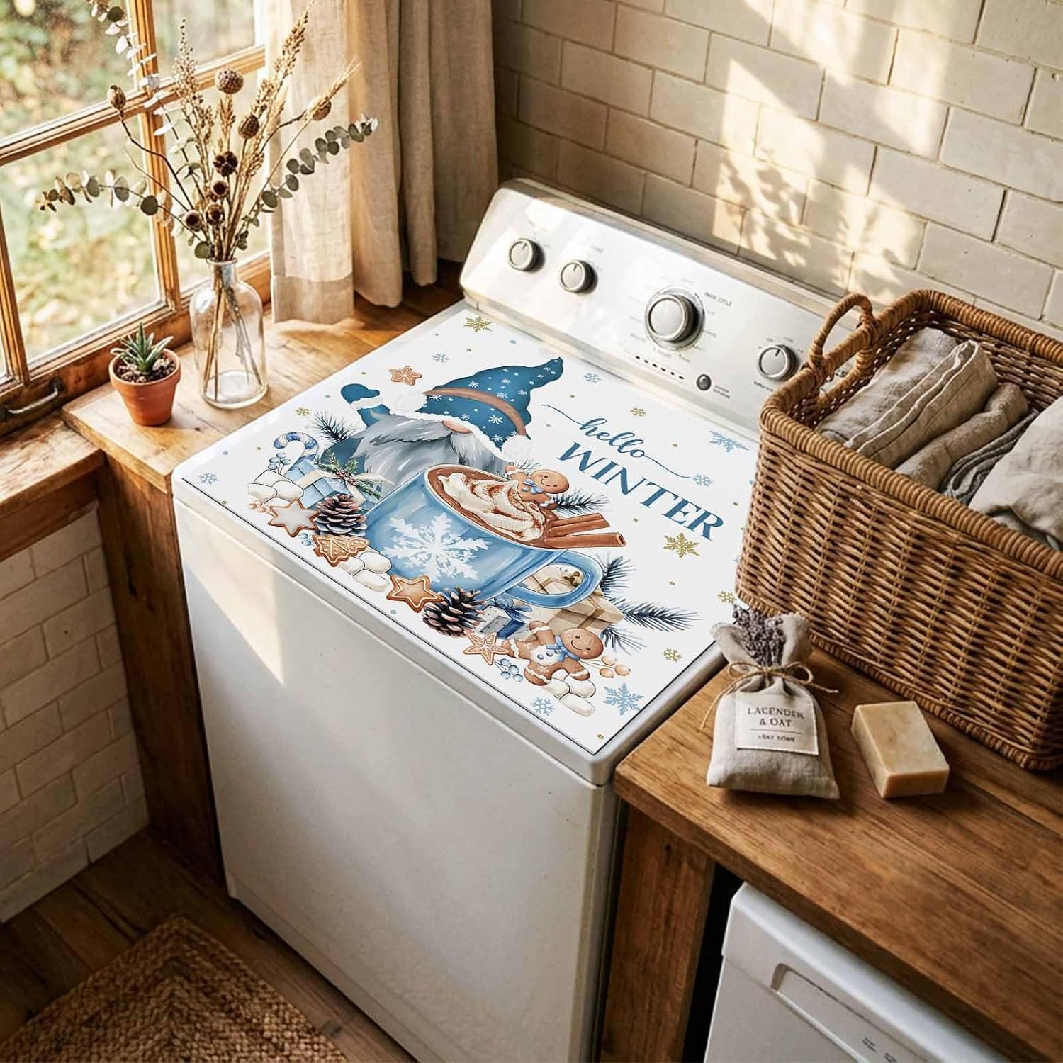 Washer and Dryer Covers for the Top, Blue Gnomes Christmas Decorative Washing Machine Protector Mat, Dryer Top Cover for Laundry Room, Xmas Gifts Snowflake Pine Cones 23.6" x 19.7" (Pack of 1)