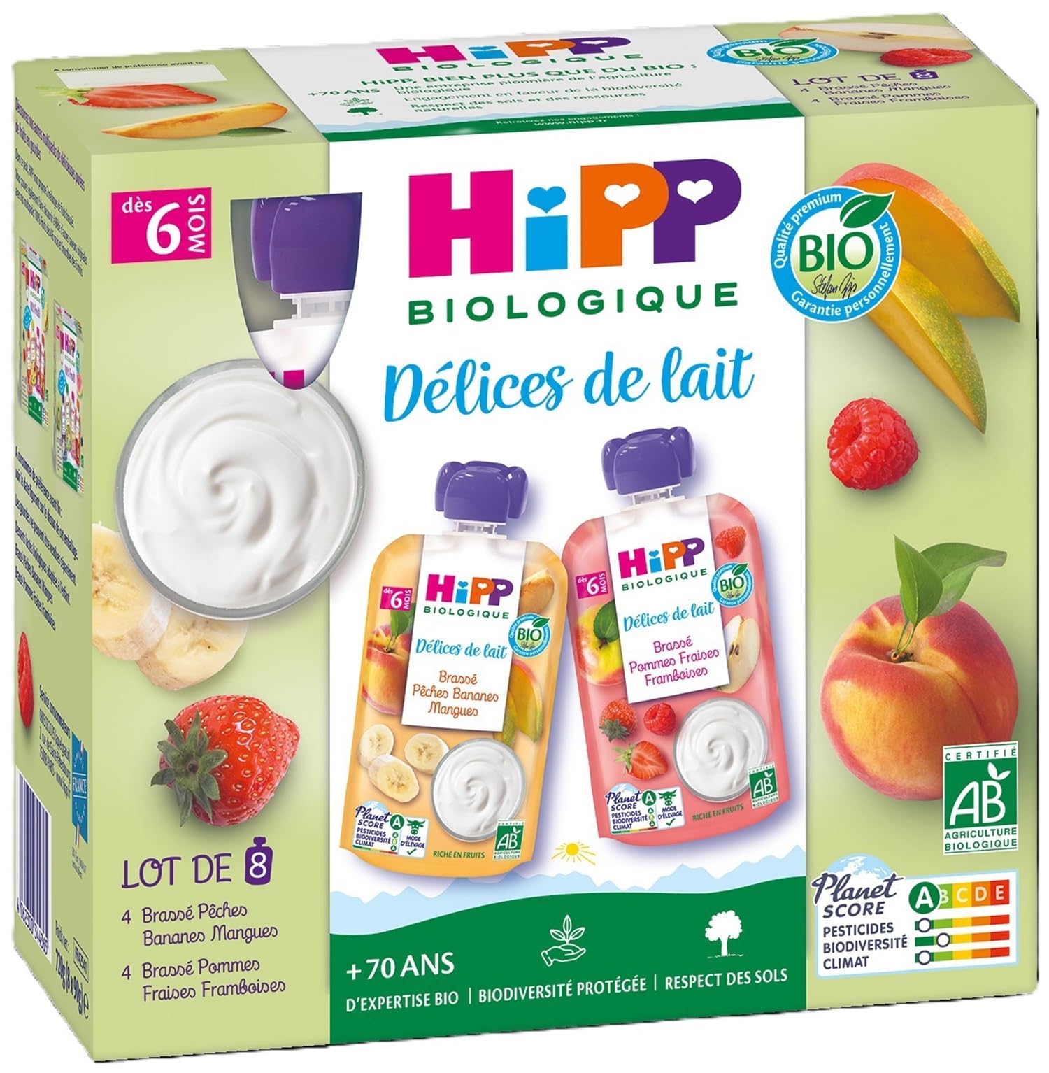 HiPP - Délices de Lait - Brassés 2 Variétés Dès 6 Mois - Gourdes - 8x90g - Lot de 4 - BIOLOGIQUE