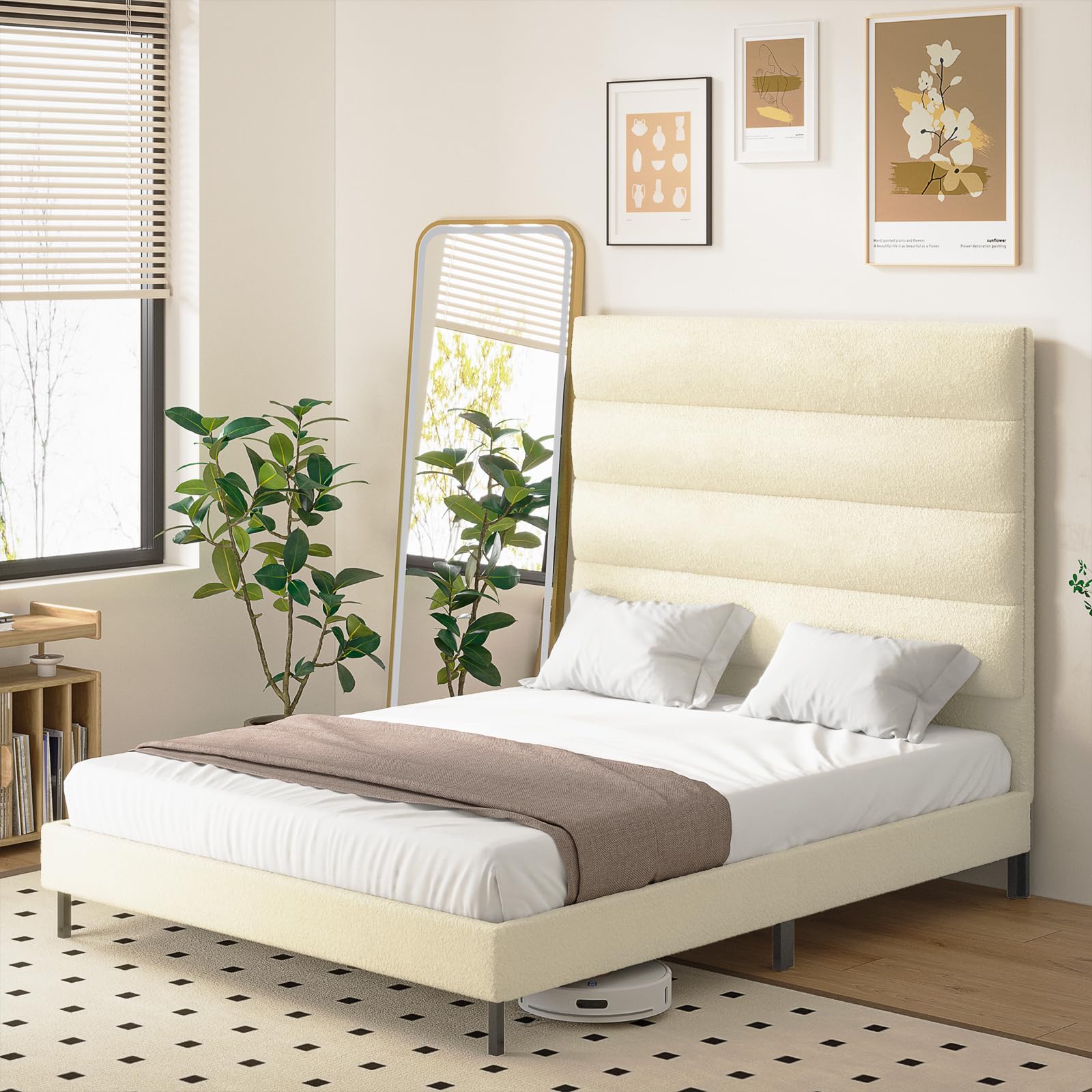 Tall Headboard Bed Frames, 61.1" Queen Size Bed Frame with Cashmere Upholstered, Twin High-Back Platform Bed, No Box Spring Needed, Smell-Free, Noise Free, Beige