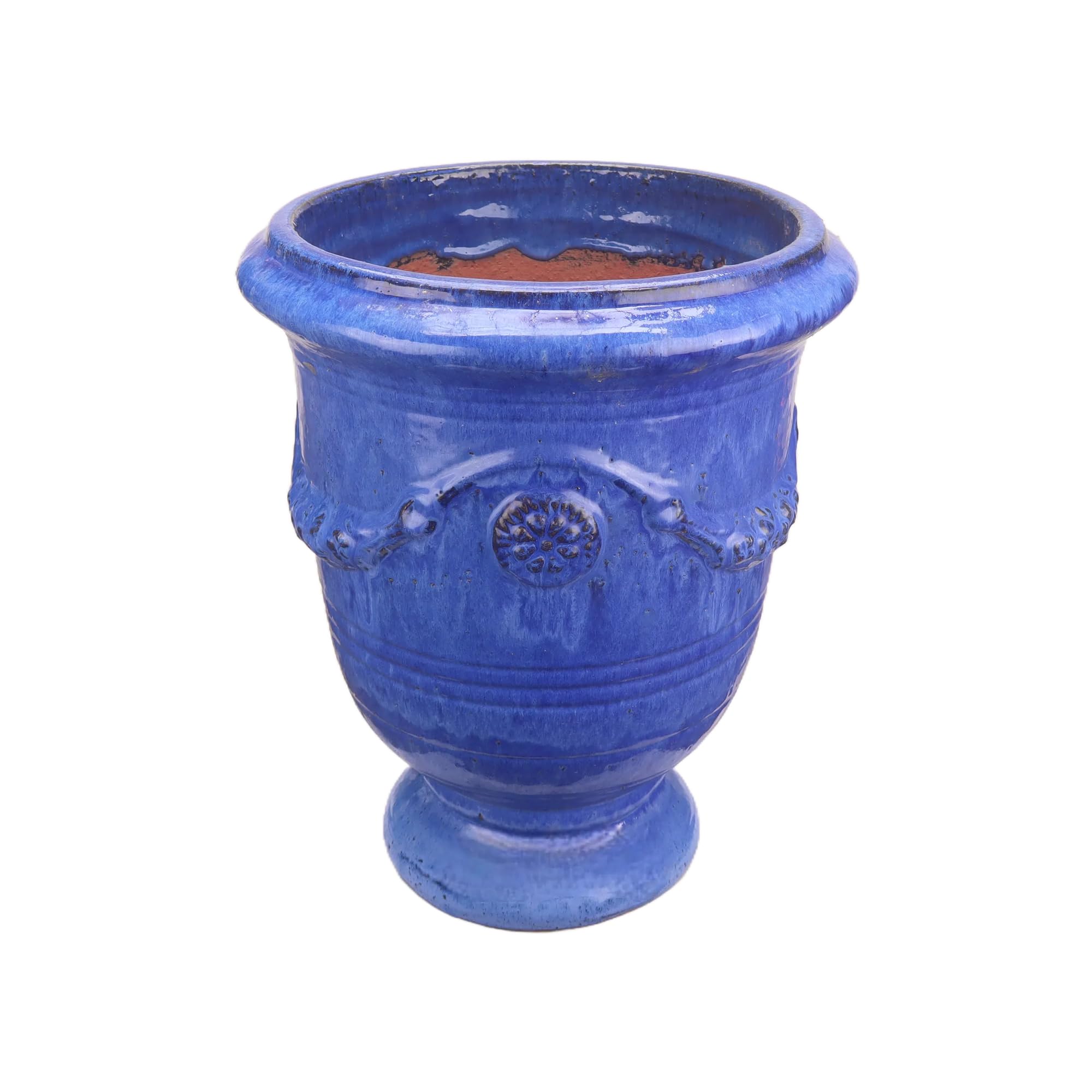 Vaso per fiori/Piantatore, vaso in gres smaltato, modello Anduze in blu 35x42cm, resistente al gelo e fatto a mano
