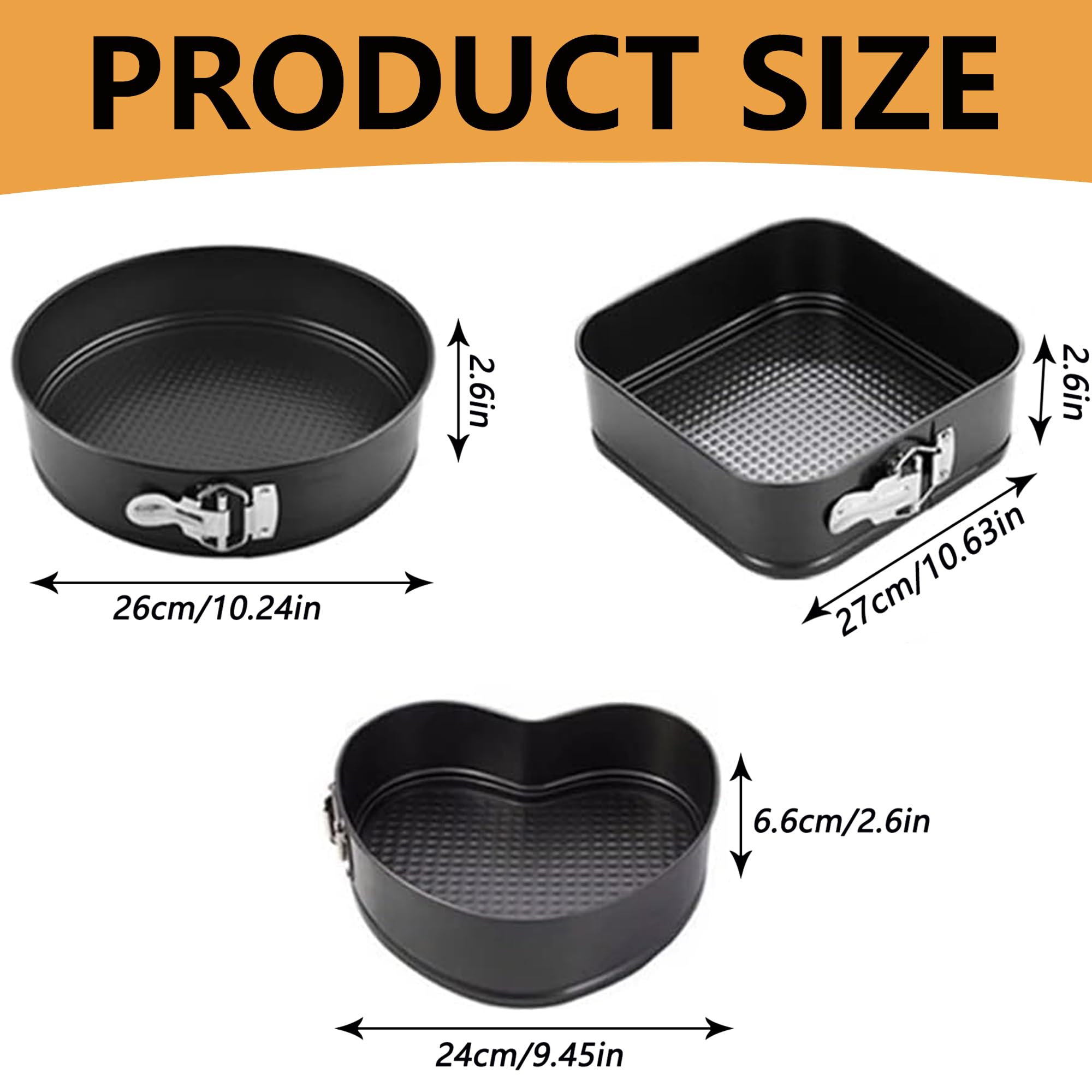 IULAVP Springform Cake Pan Baking Set: 3 Pieces Round Square Heart Shaped Cake Pans with Removable Bottom, Non-Stick Cheesecake Pan, Quick Release Latch Carbon Steel Bakeware (Black, Combination)