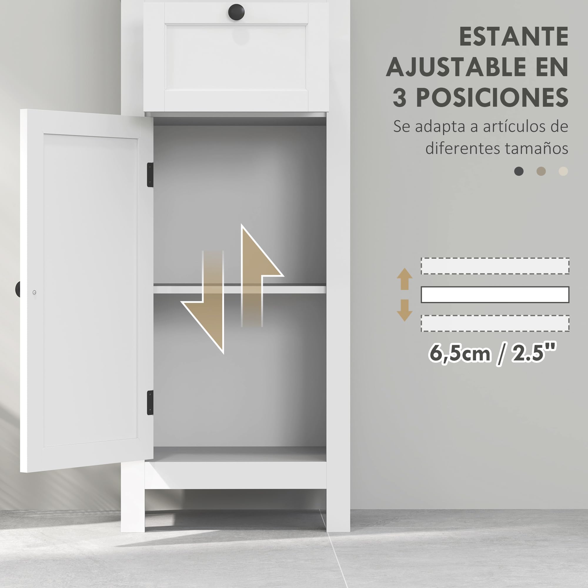 HOMCOM Columna de Baño Armario de Baño 40x30x165 cm con Cajón Puerta Estante Ajustable y 2 Compartimientos Estilo Moderno Blanco