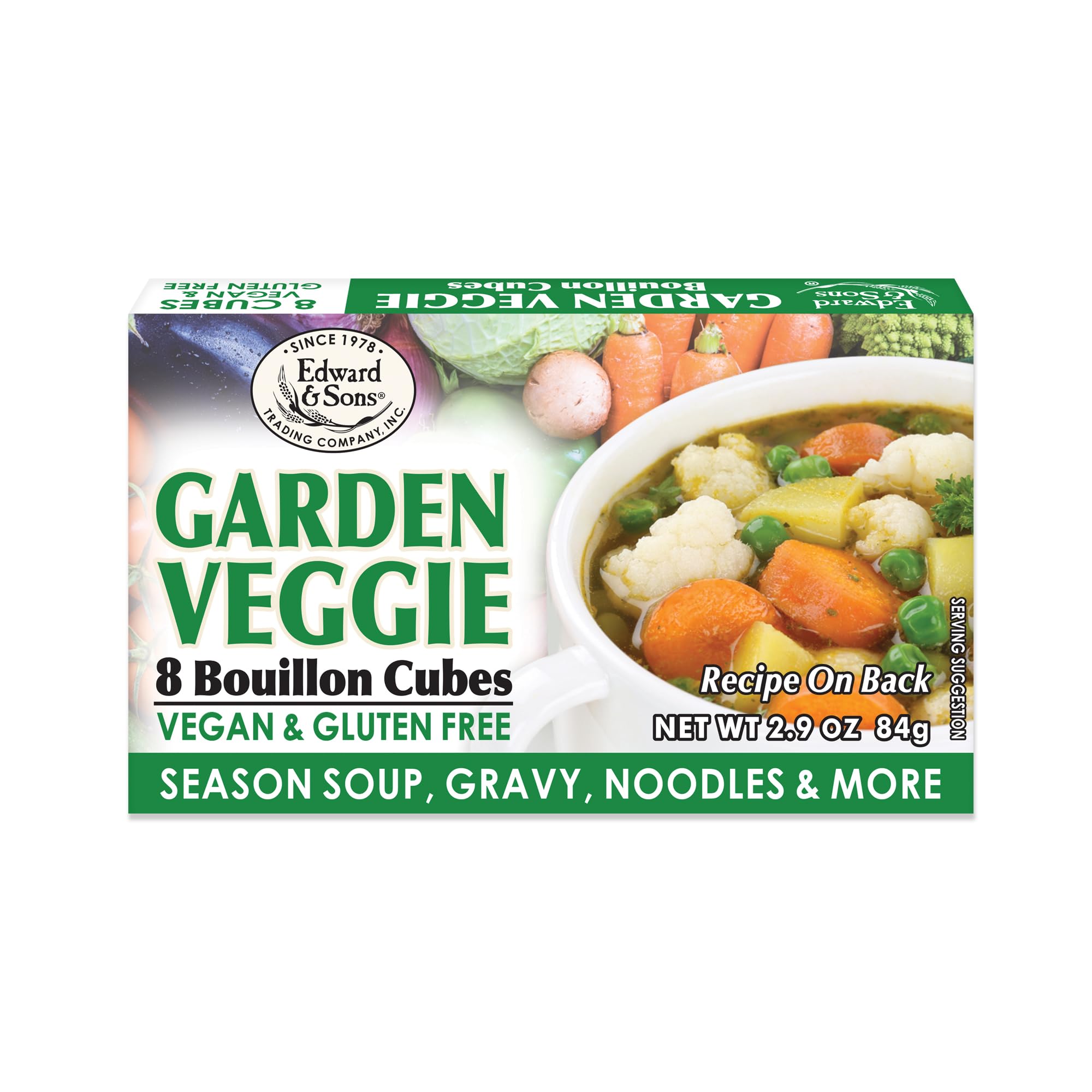 Edward & Sons Garden Veggie Bouillon Cubes - Organic Vegetable Stock, Vegan Broth Cubes, Gluten Free, No Trans Fat, Use in Soups, Stews and Pilafs - 8 Count (Pack of 1)