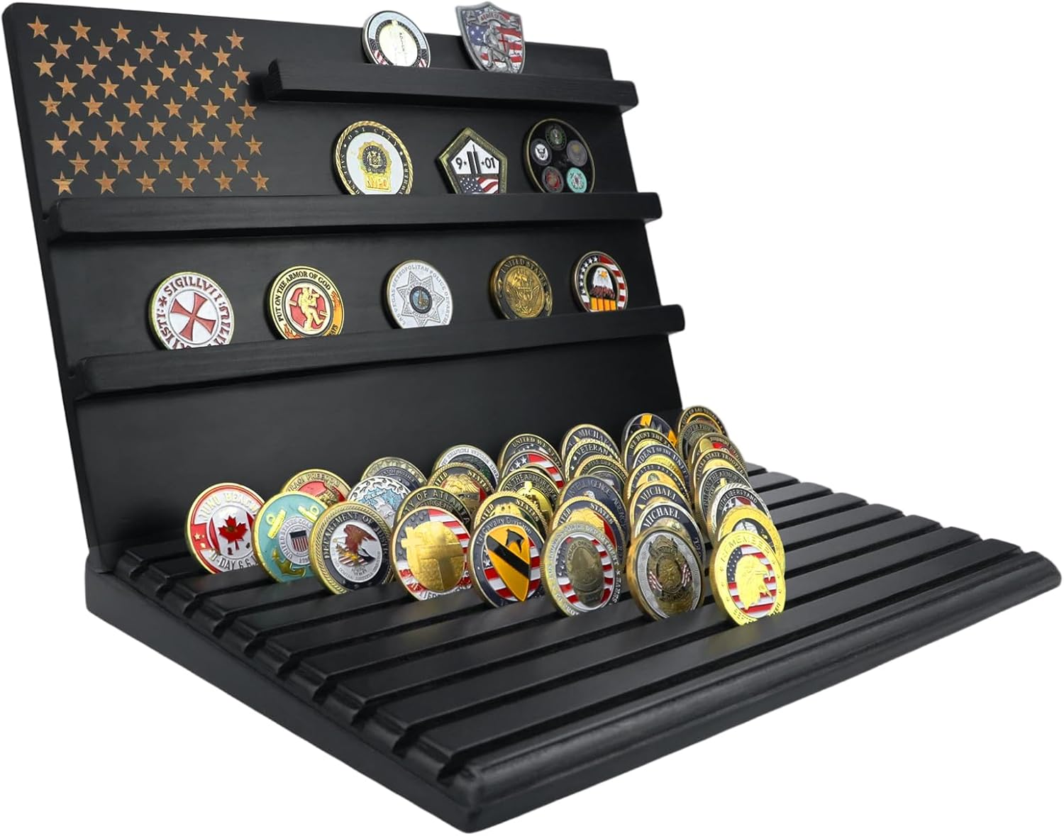 Challenge Coin Display Stand - 13-Row Solid Wood Holder (Black)