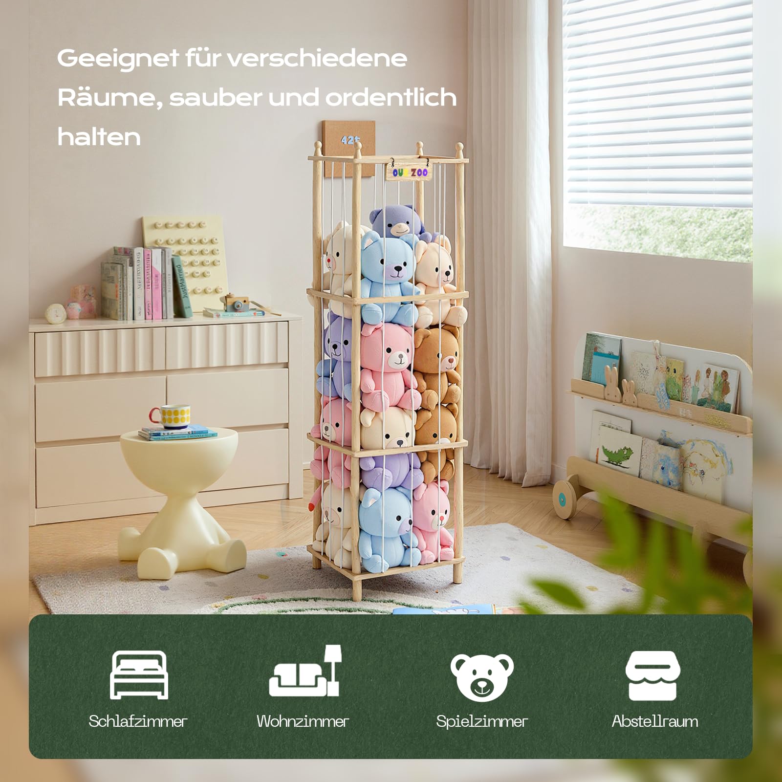 Holz Kuscheltier Aufbewahrung, Ahatstor Stofftier Aufbewahrung Stabil & Langlebig, Platz Sparen Stuffed Animal Storage für Spielzimmer, Kinderzimmer, Schlafzimmer, Wohnzimmer