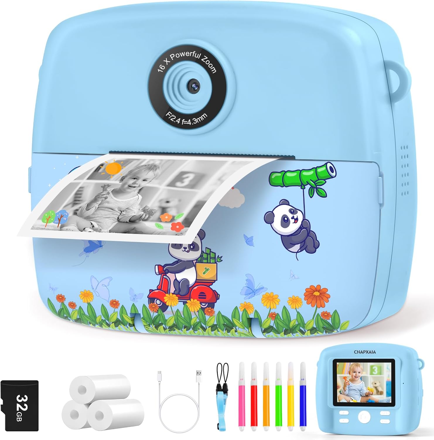CNAPXAIA Fotocamera per Bambini, Fotocamera Istantanea per Bambini da 2,4 Pollici 1080P con Scheda da 32 GB e 3 Carta da Stampa, Regalo per Ragazze e Ragazzi dai 3 ai 12 Anni (Blu)