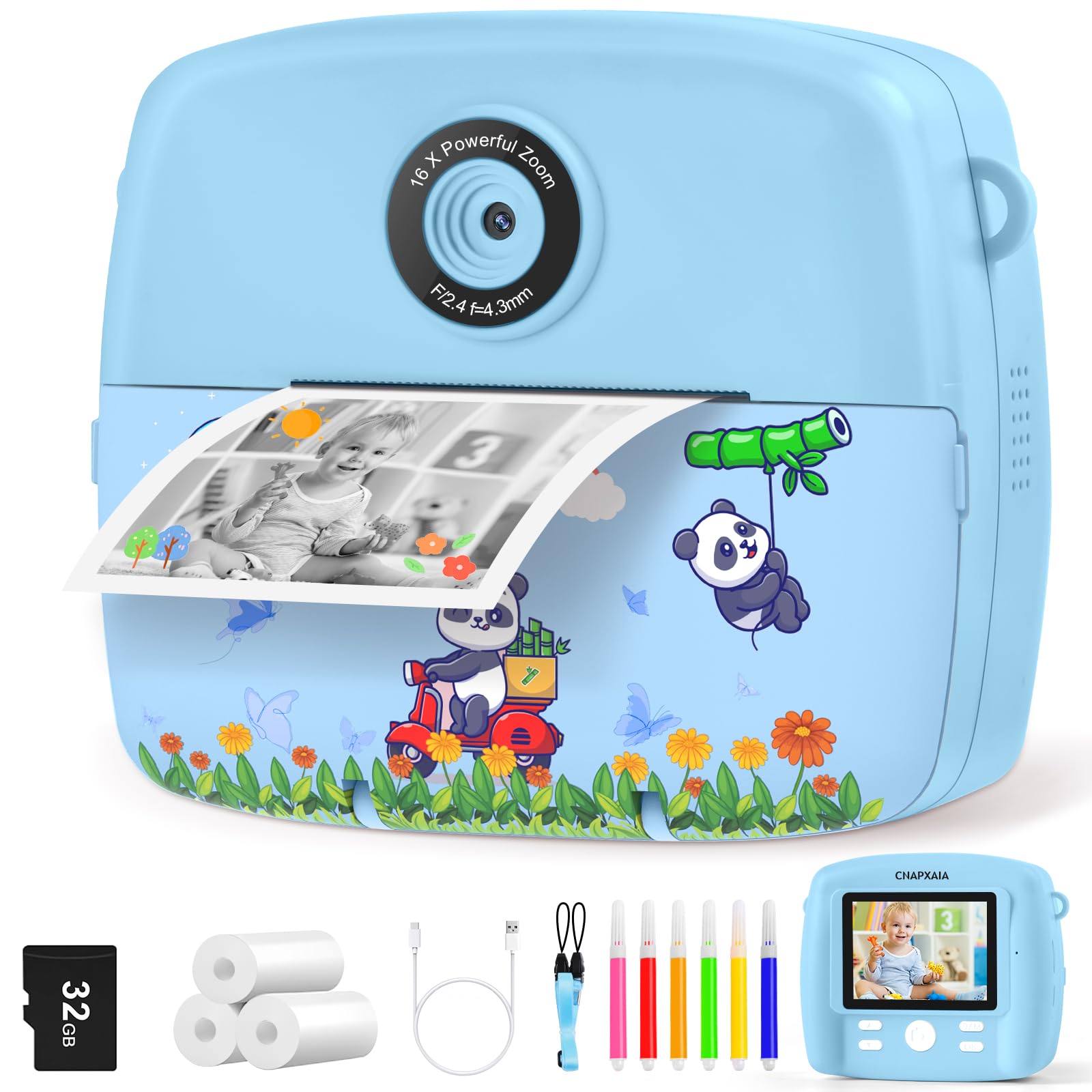 CNAPXAIA Camara Fotos Infantil Instantanea, HD 1080P Video Cámara Instantánea con Tarjeta de 32GB y Papel de Impresión, 2,4 Pulgada Camara Fotos Infantil de Regalos Juguete de 3 a 12 Años (Azul)