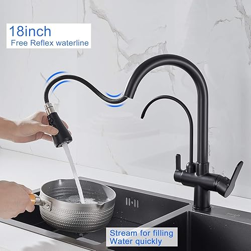 Miniatura 3 de MENATT Grifo comercial 3 en 1 de agua potable, purificador de filtro de agua de arco alto, grifo de cocina extraíble de doble manija (negro mate)