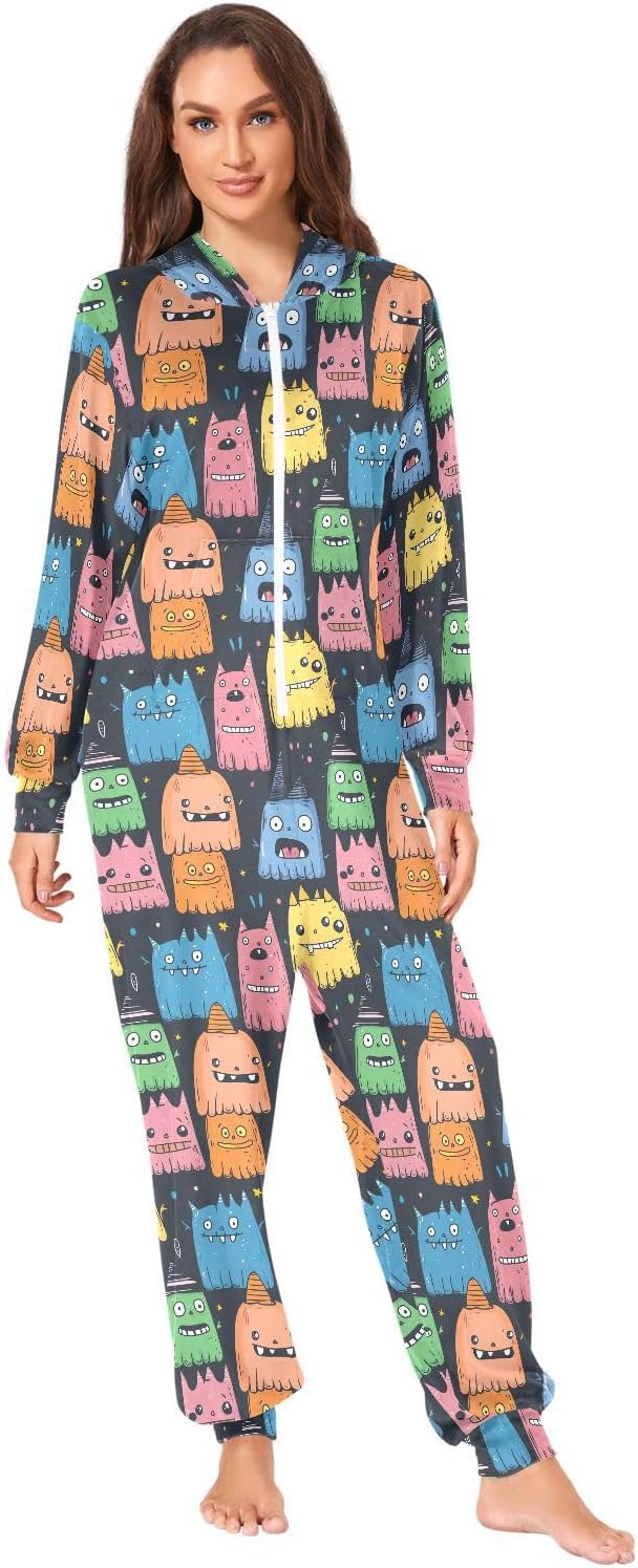 Colorful Cartoon Crayons Monsters Zipper Hooded Adult Jumpsuit Pajamas with Pockets XS-3XL