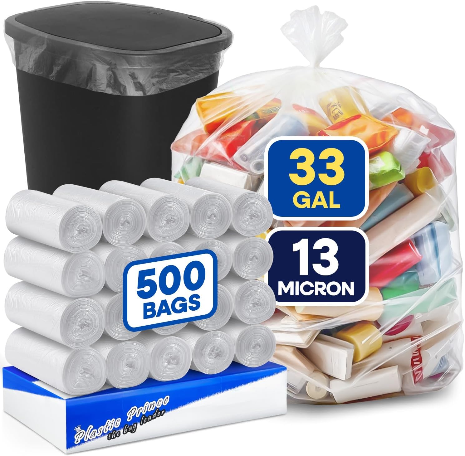 32-33 Gallon Trash Bags, Clear Trash Bags 33"W × 40"L, 13 Micron Clear Garbage Bags, 32-33 Gal High-Density Garbage Can Liners, Fits Square and Round Trash Cans, Pack of 500