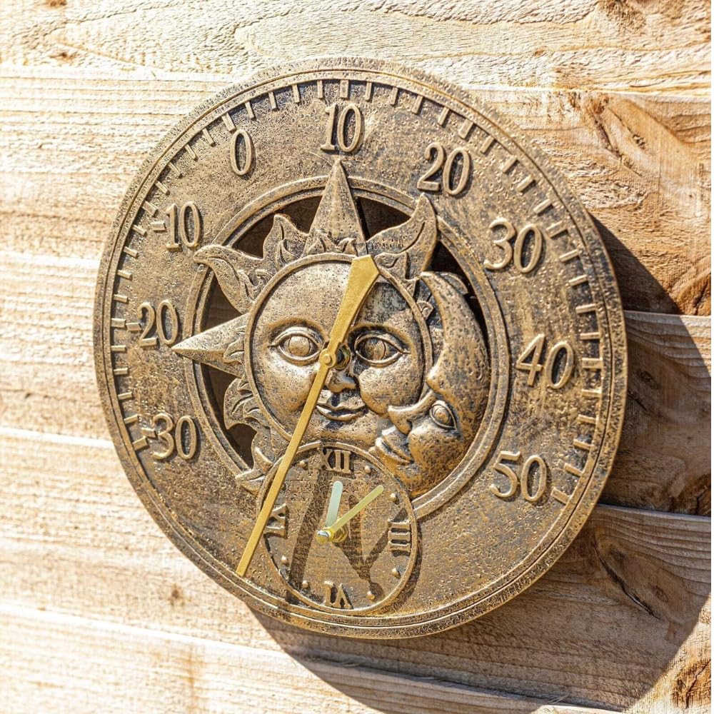 Garden Mile Bronze Sun and Moon 30cm Outside Clock and Thermometer for Garden Weatherproof Large Round Wall Clock Thermometers Outdoor Wall Ornaments for Garden