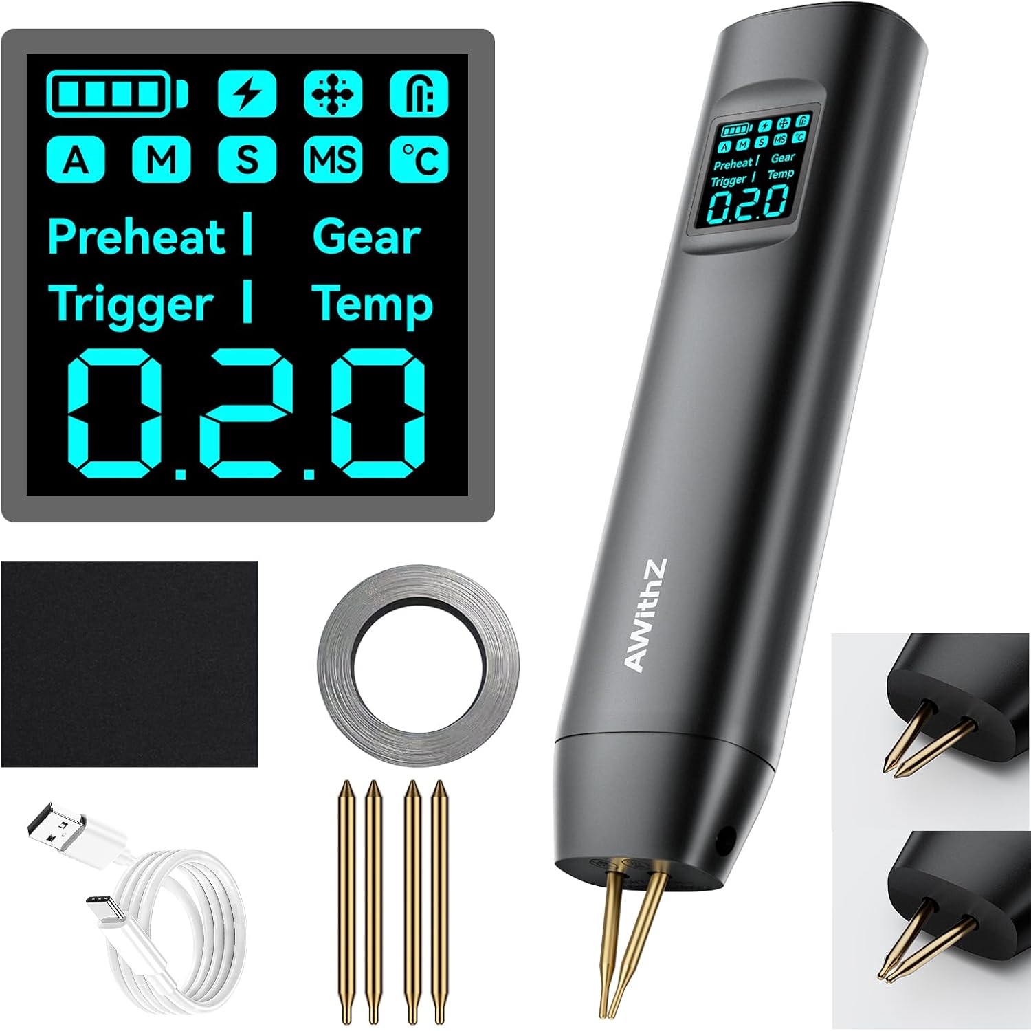 HD2 AWithZ Spot Welder with Double-Ended & Replaceable Tips - 90-Level Dual Pulse Welding for 18650, Phone Battery, 0.2mm Nickel Sheet, LCD Display, Portable & Safe (Black-HD2)