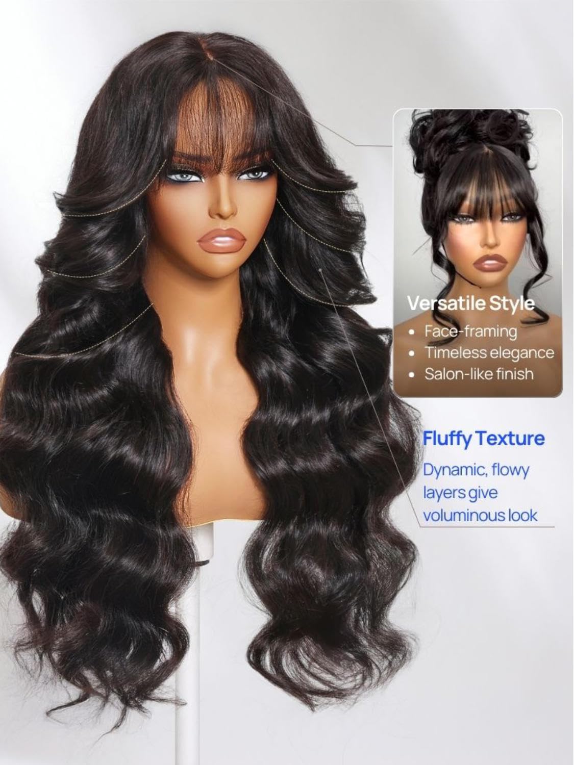 Beauty Forever Bye Bye Knots Glueless Fluffy Body Wave Curtain Bangs Wig Pre Plucked Pre Cut 7x5 Lace Front Human Hair Loose Wave Pre Bleached Pre Everything 3S Ready to Wear Wig 180% Density 20inch — view 9