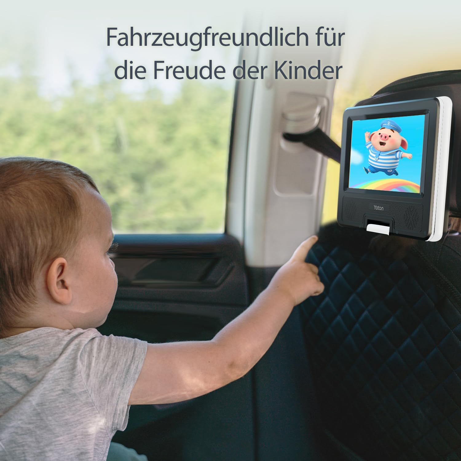 Yoton 9,5" Tragbarer DVD-Player für Kinder im Auto mit 7,5" HD-Schwenk Bildschirm, Stereo-Lautsprechern, 6 Stunden Akkulaufzeit, Sync-TV/USB/SD-Karten-Unterstützung, Weiß [Kein Blu-ray Support]