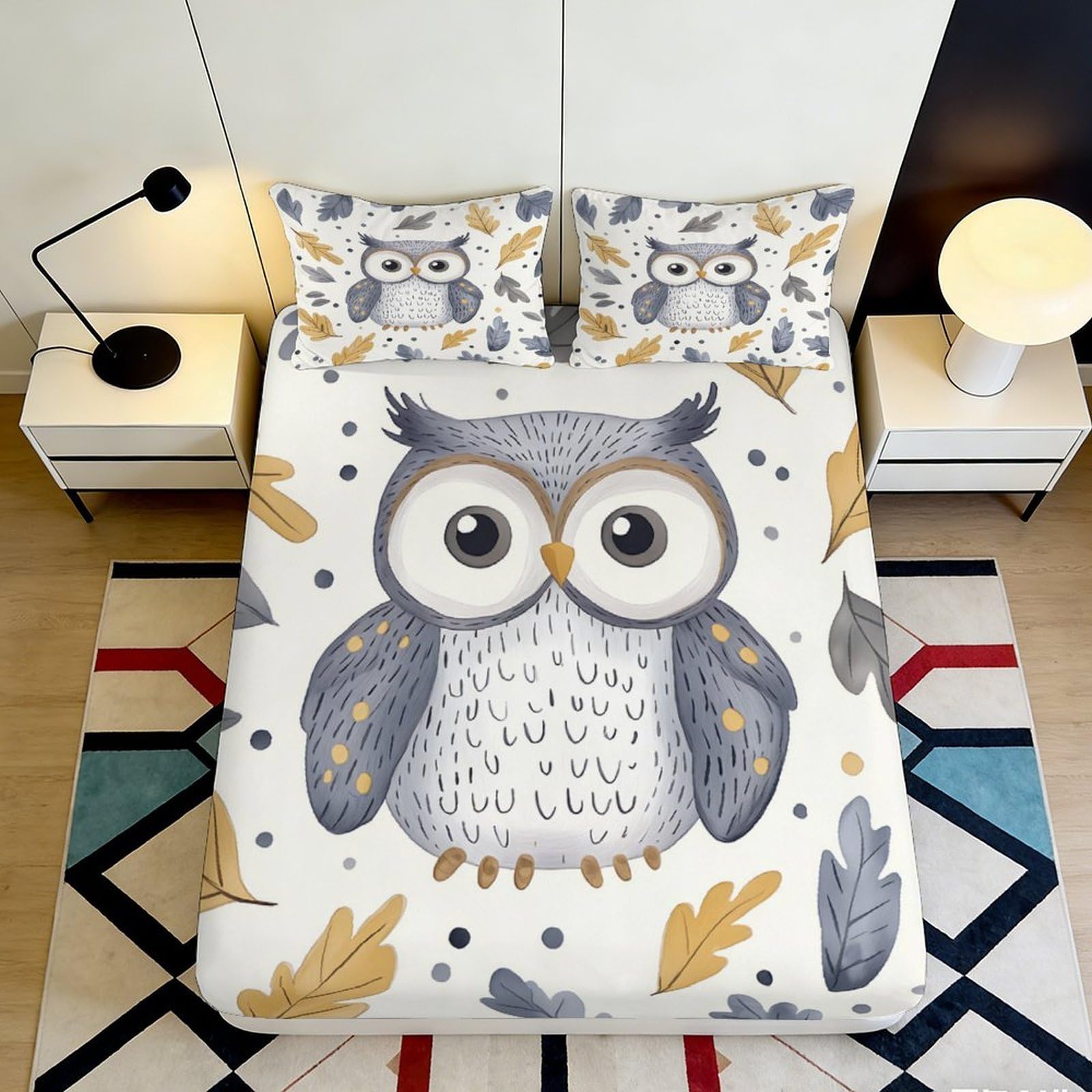 3D Printed Cute Owl Fitted Sheet Microfiber Soft Breathable Forest Leaves Mattress Cover for Bedroom Dorm Decor 90x200x25cm