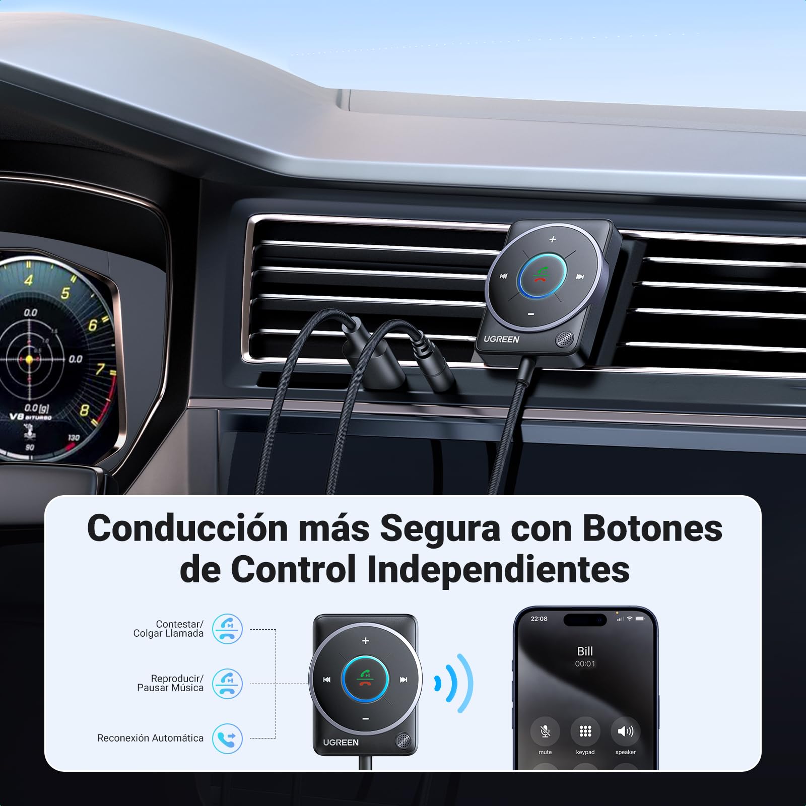 UGREEN Receptor Bluetooth 5.4 Adaptador AUX Coche Jack 3.5mm Audio con Inalámbrico Llamada Manos Libres Luz RGB