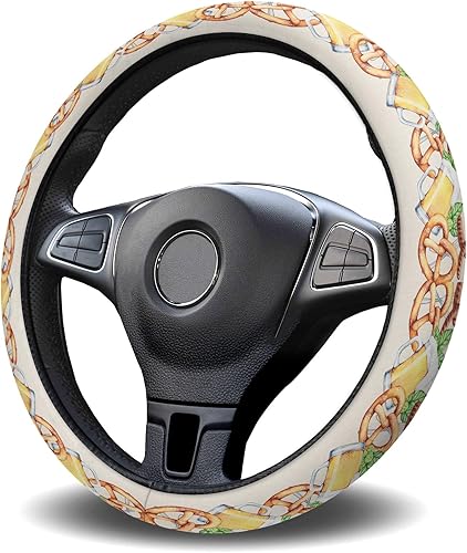 Car Steering Wheel Cover, Beer Bread Sausage Green Leaves Beige Vintage Elastic Stretch Sponge Steering Wheels Protective Cover for Vehicles Trucks