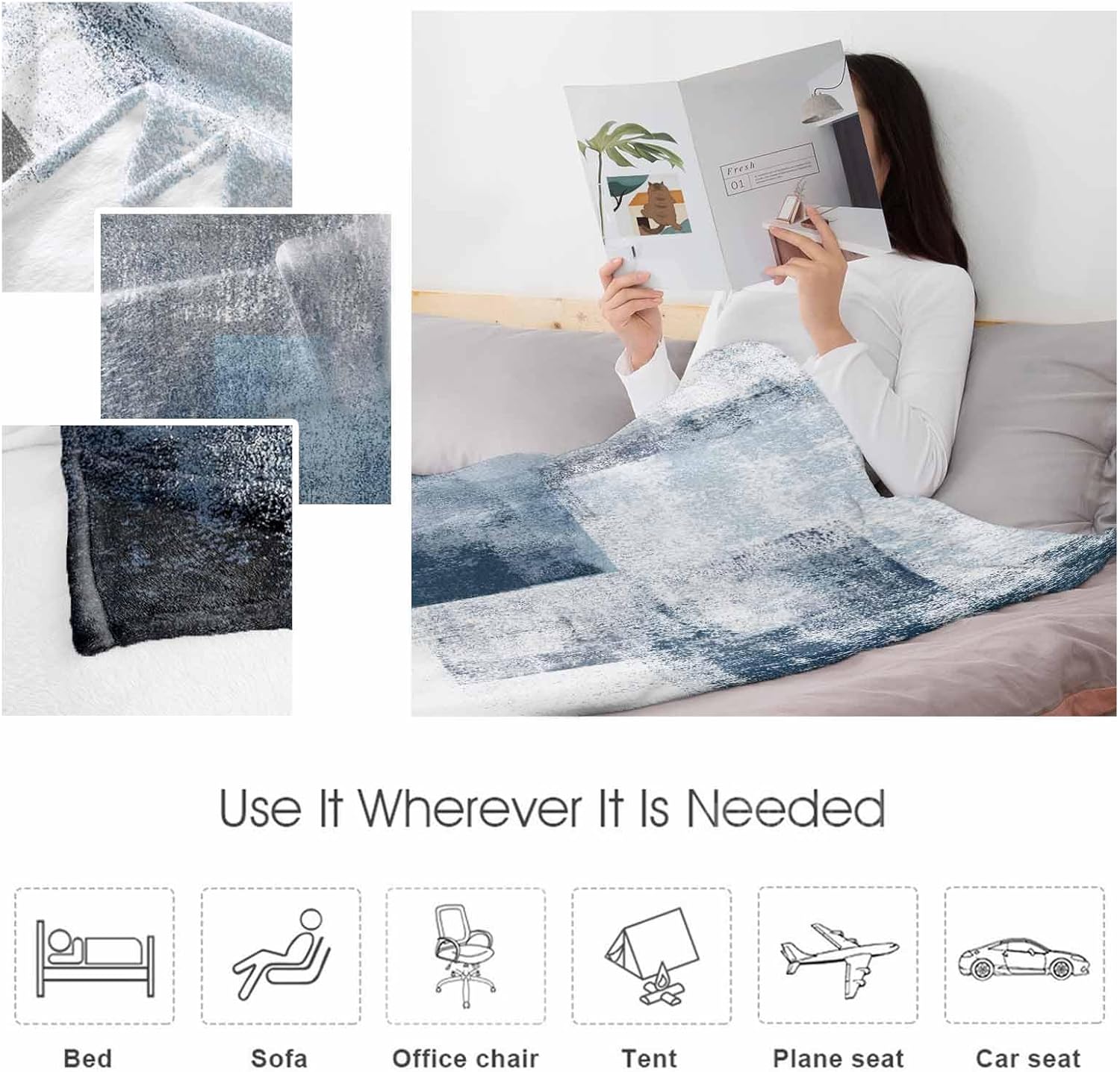 Blue Grey Abstract Throw Blanket Blue White Art Modern Painting Mottled Flannel Fleece Super Soft Fuzzy Blankets Cozy Warm Lightweight Bed Throws for Couch Sofa Travel Camping 40"x50" - Image 4
