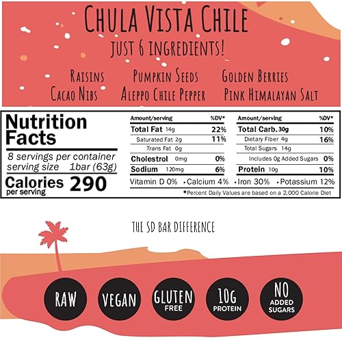 Miniatura 2 de San Diego Bar -Chula Vista Chile  Chile Mild Heat  Barras de proteínas crudas y veganas  Sin azúcar  Sin gluten  Barras de desayuno  Barras