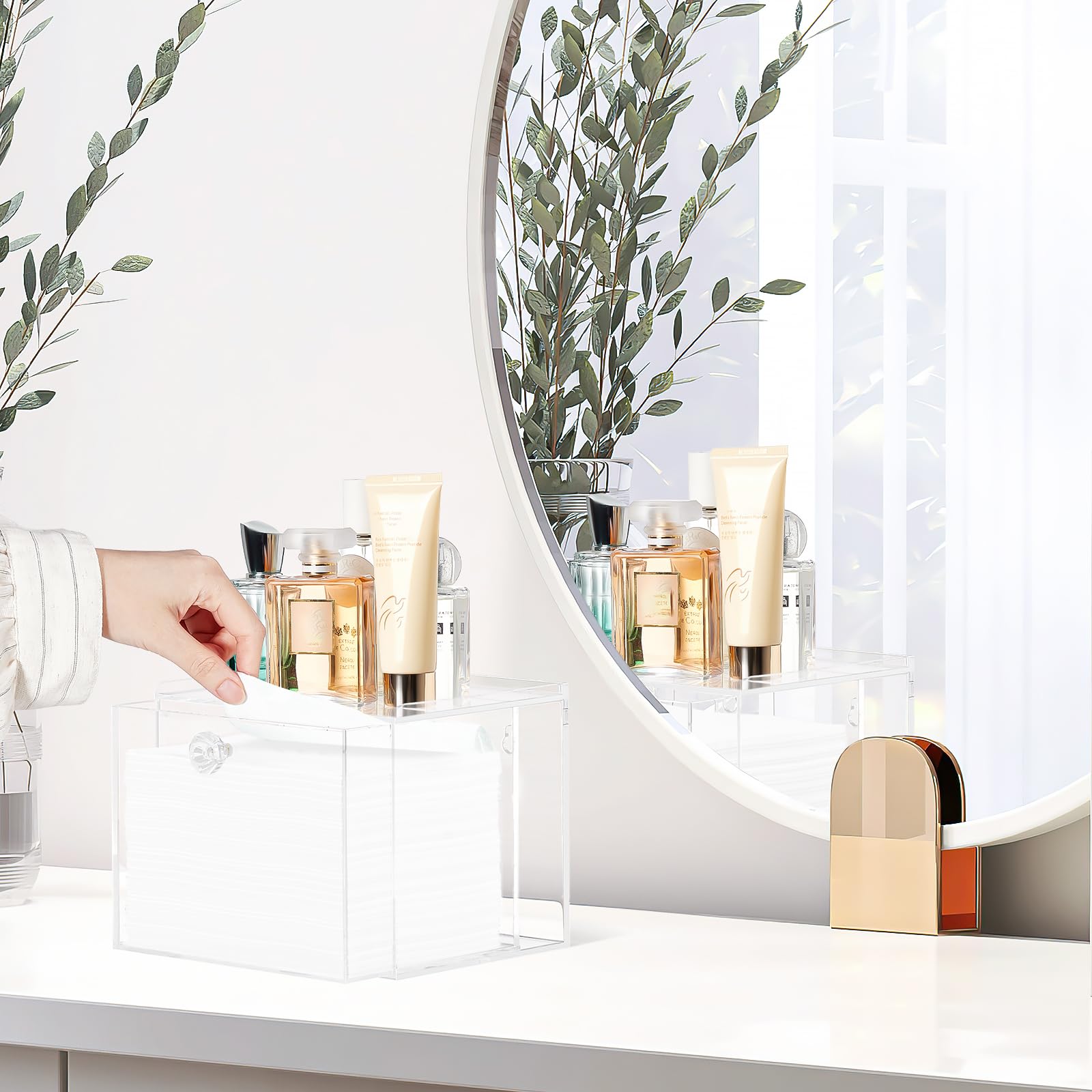 Caja desechable para toallas faciales con cajón, contenedores de almacenamiento acrílicos compatibles con toallas faciales limpias Clean Skin Club, organizador de maquillaje transparente para