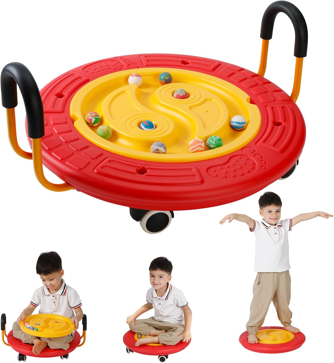 3-In-1 Balance Scooter Board for Kids，Plastic Wobble Balance Board Rocker Maze with Handles, 5 Balls, Toddler Wobble Disk for Sensory Training, Physical Therapy