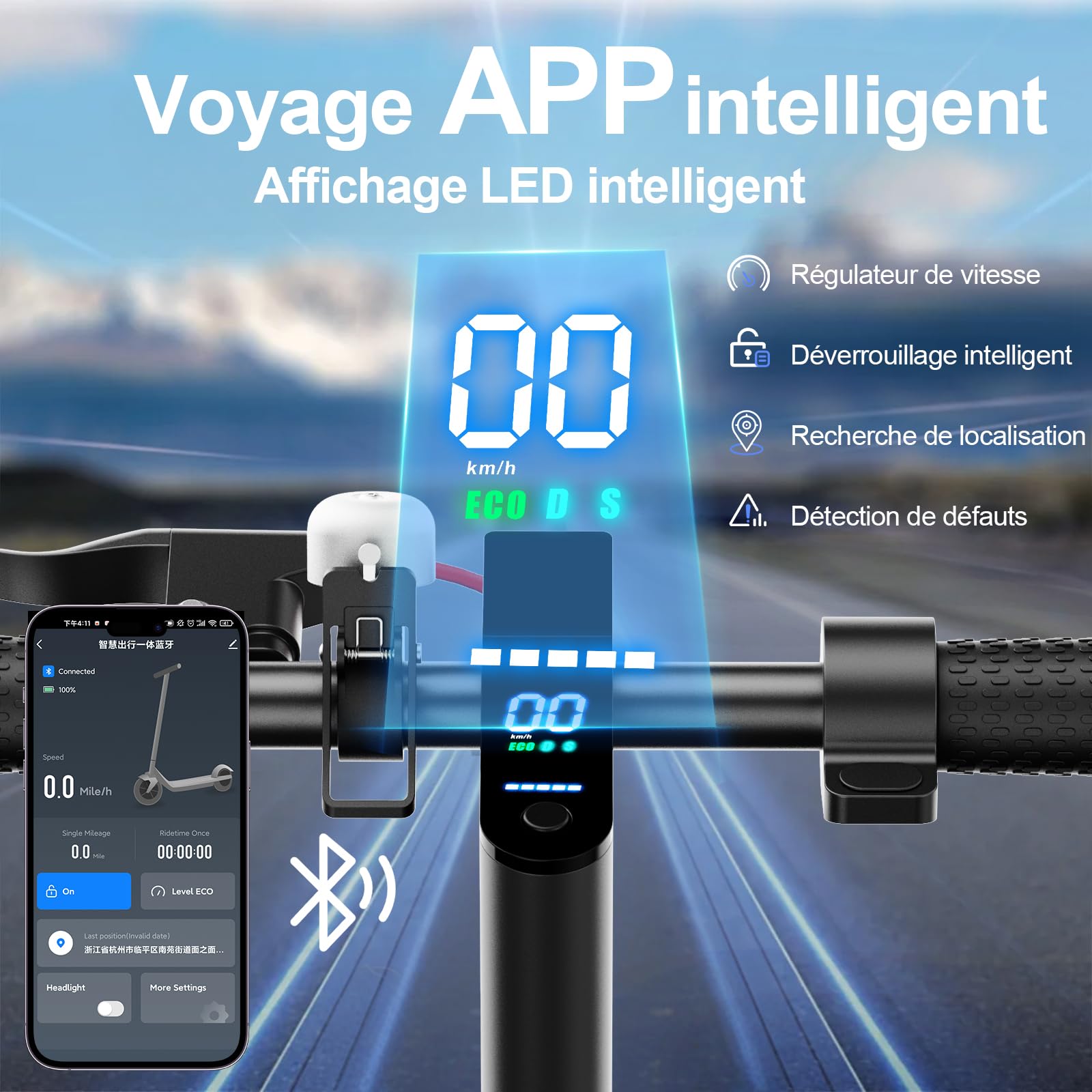 Trottinette Électrique Adulte antivol Ultra Legere, avec Clignotants et amortisseurs Autonomie 30km 350W 36V 7,8 Ah, Pneus Nid d’Abeille Increvables, Application Bluetooth Scooter Electrique Adulte