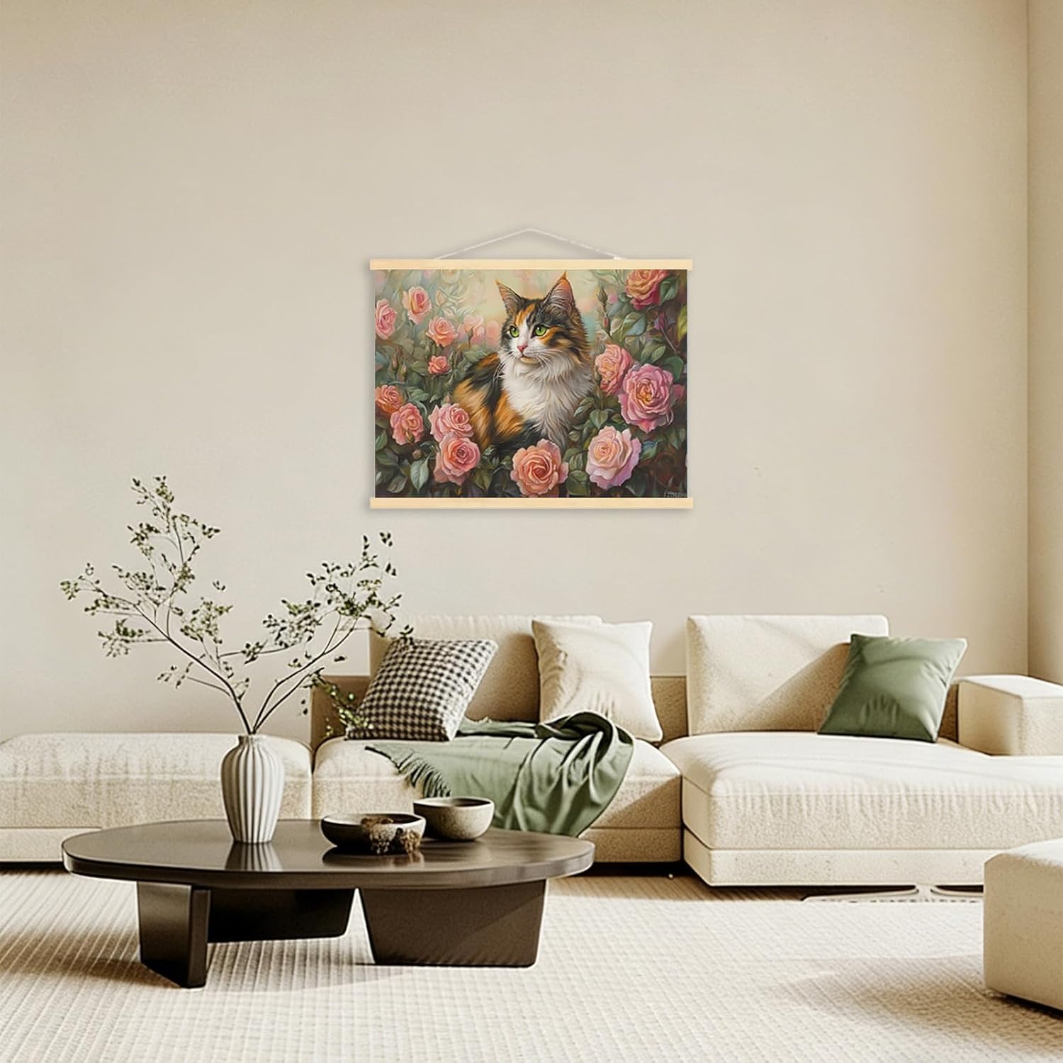 FZDTBHI Elegant Calico Cat Canvas Wall Art, Charming Feline Pet Portrait with Pink Roses, Floral Animal Decor for Living Room Bedroom 12x16inch Framed image 3