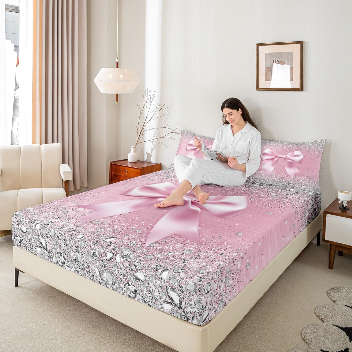 Cute Ribbon Bowknot Fitted Sheet,Grey Glitter Diamond Bowknot Bed Sheets,Princess Bow Sheets Full Size,Watercolor Bow Kawaii Geometric Bow-Tie Bed Set Light Pink Room Decor Aesthetic