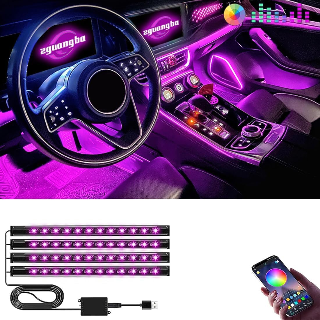 BIGTHREE® Smart Car Atmosphere Lights with App Control, LED Interior RGB Lights, DIY Mode and Music Mode