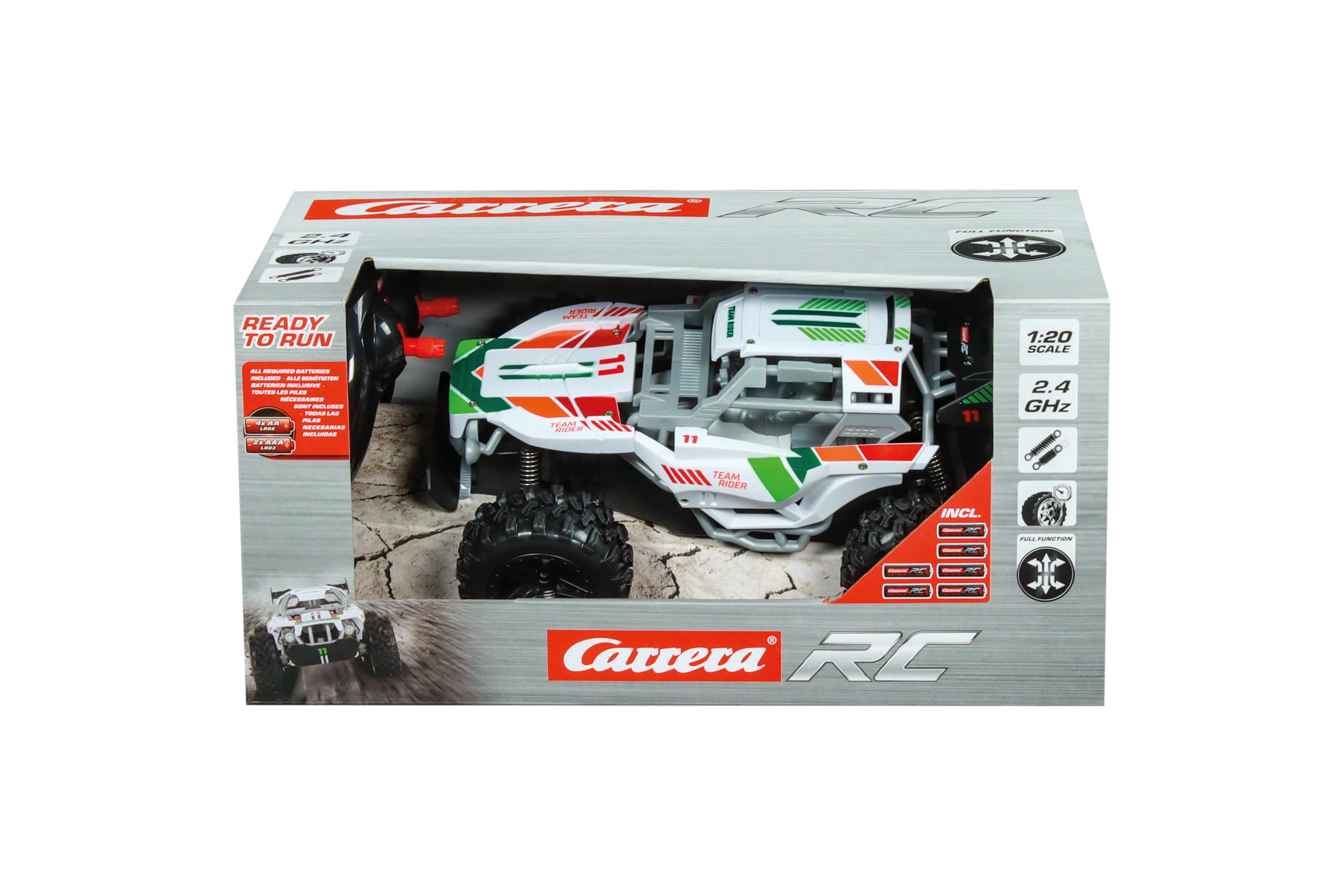 Carrera RC I 2,4 GHz Team Rider I RC Buggy z pełną funkcją jazdy i kierowania, pełne zawieszenie, opony pneumatyczne, zabawa w pomieszczeniach i na zewnątrz, odpowiedni dla dzieci od 6 lat