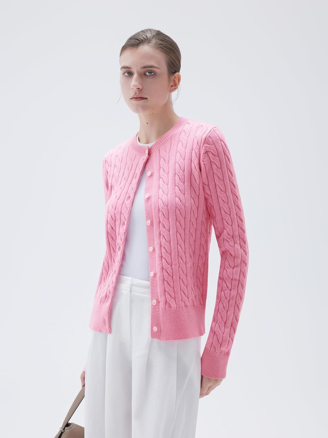 SUUKSESS Women Cable Knit Cashmere Blend Sweaters Crew Neck Button Up Chunky Cardigan Long Sleeve Fall Outfits - Image 3