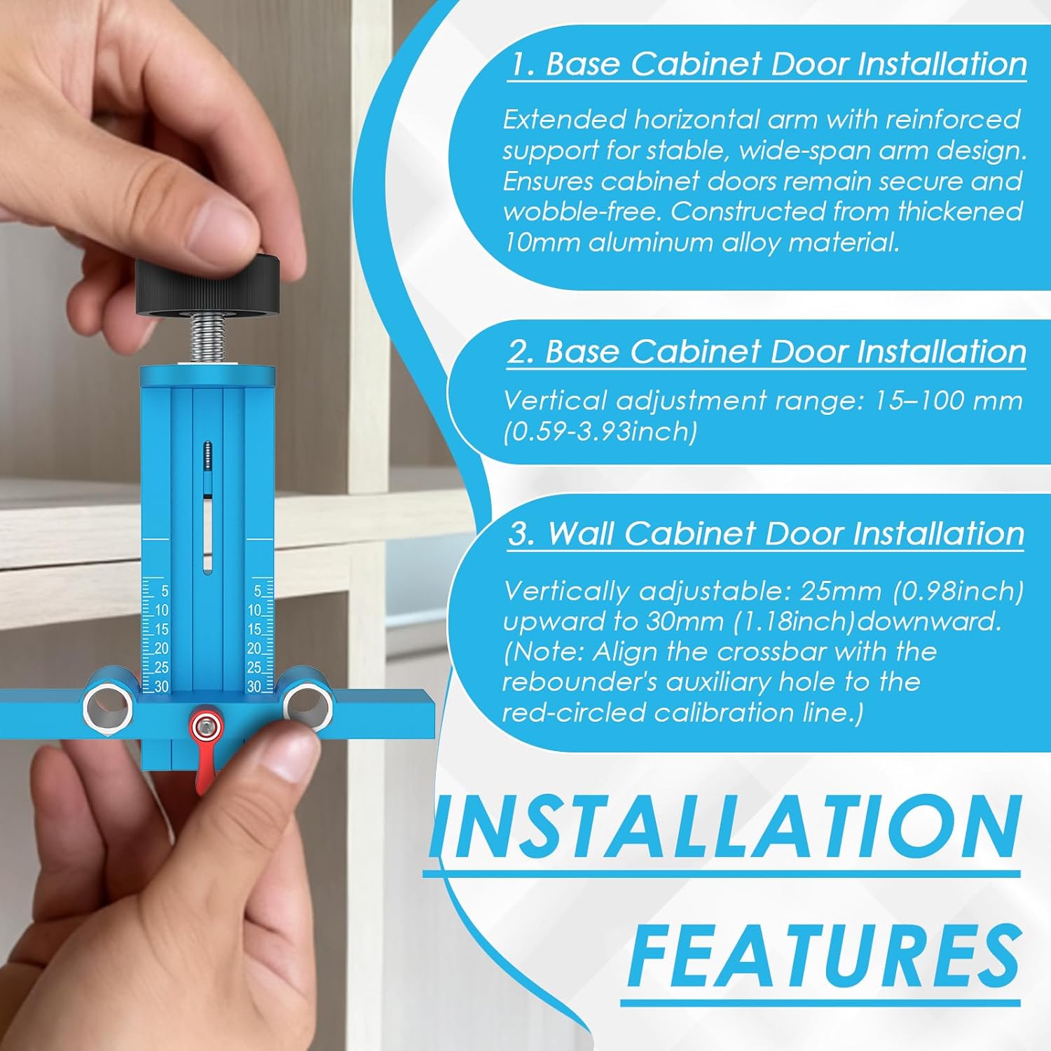 Upgrade 3 in 1 Cabinet Door Mounting Jig with Support Base for Frameless or Face Frame Cabinet Doors, Adjustable Aluminium Alloy Furniture Hardware Jig, Rebound Device Tool Installation Positioner