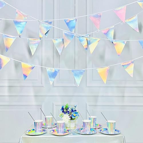 Decoración de fiesta iridiscente de 33 pies, tela holográfica, banderín triangular, banderín de algodón, guirnalda de banderines para cumpleaños,
