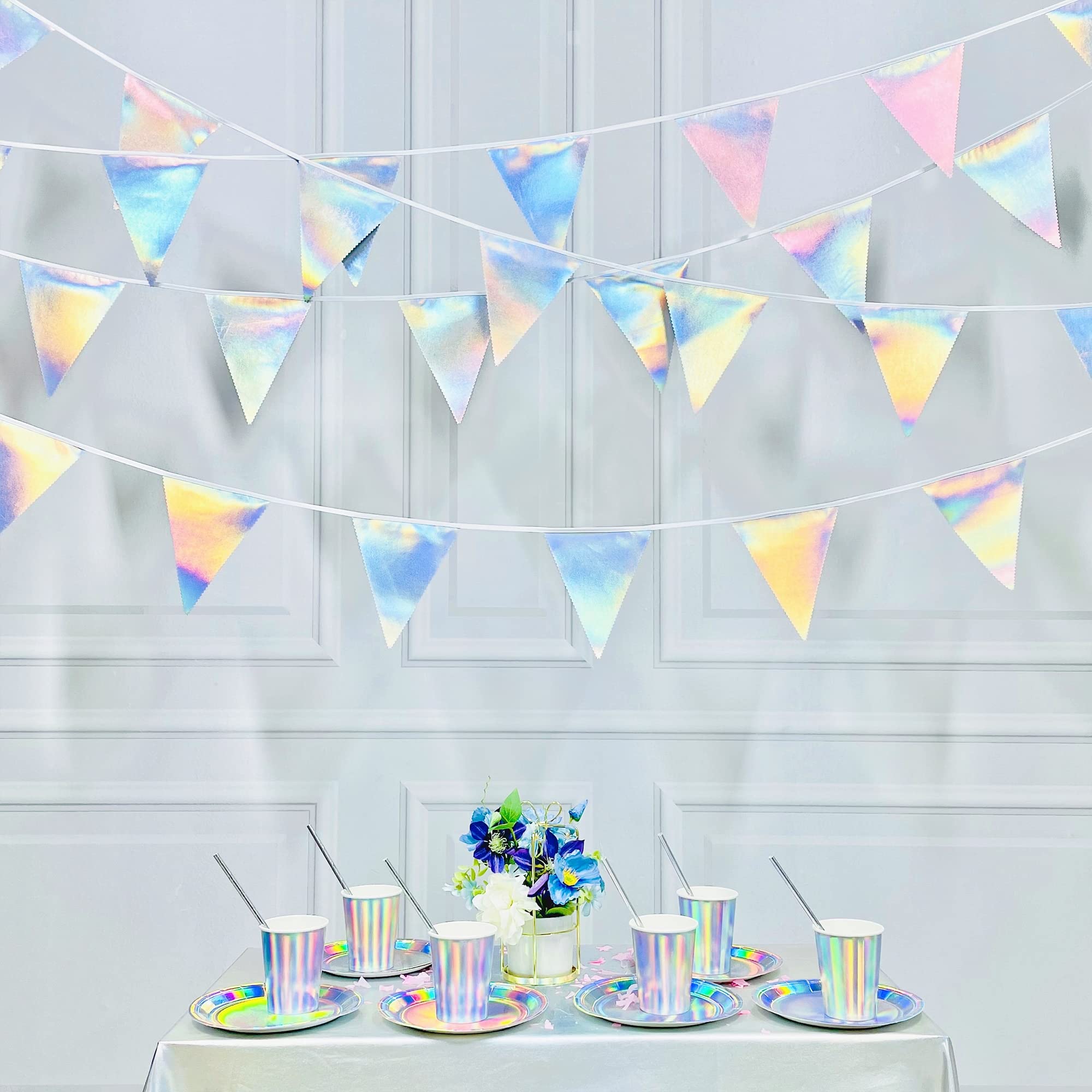 Decoración de fiesta iridiscente de 33 pies tela holográfica triángulo banderín bandera bandera de algodón guirnalda para cumpleaños boda boda despedida de soltera compromiso discoteca euforia galaxia