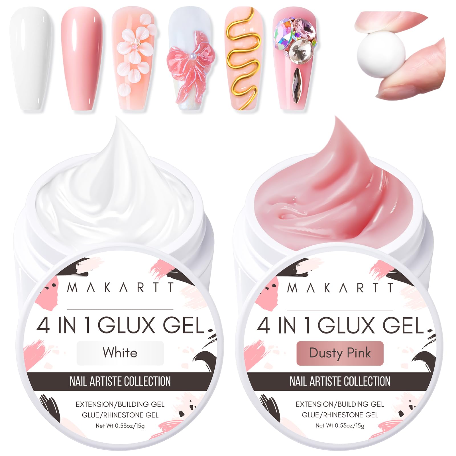 Makartt 3D Gel Nail Art: 4-in-1 Solid Gel Builder Non-sticky for Extension, 2pcs White and Dusty Pink 3D Sculpting Gels, UV Glue for Fake Nails,