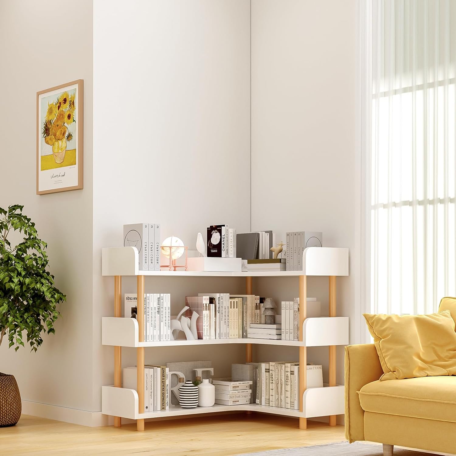 OSCHF Wooden Reversible Corner Bookshelf - Modern 3 Tiers L-Shaped Bookcase with Solid Wood Frame and Edge Protection for Home and Office, Open Storage Shelf, White