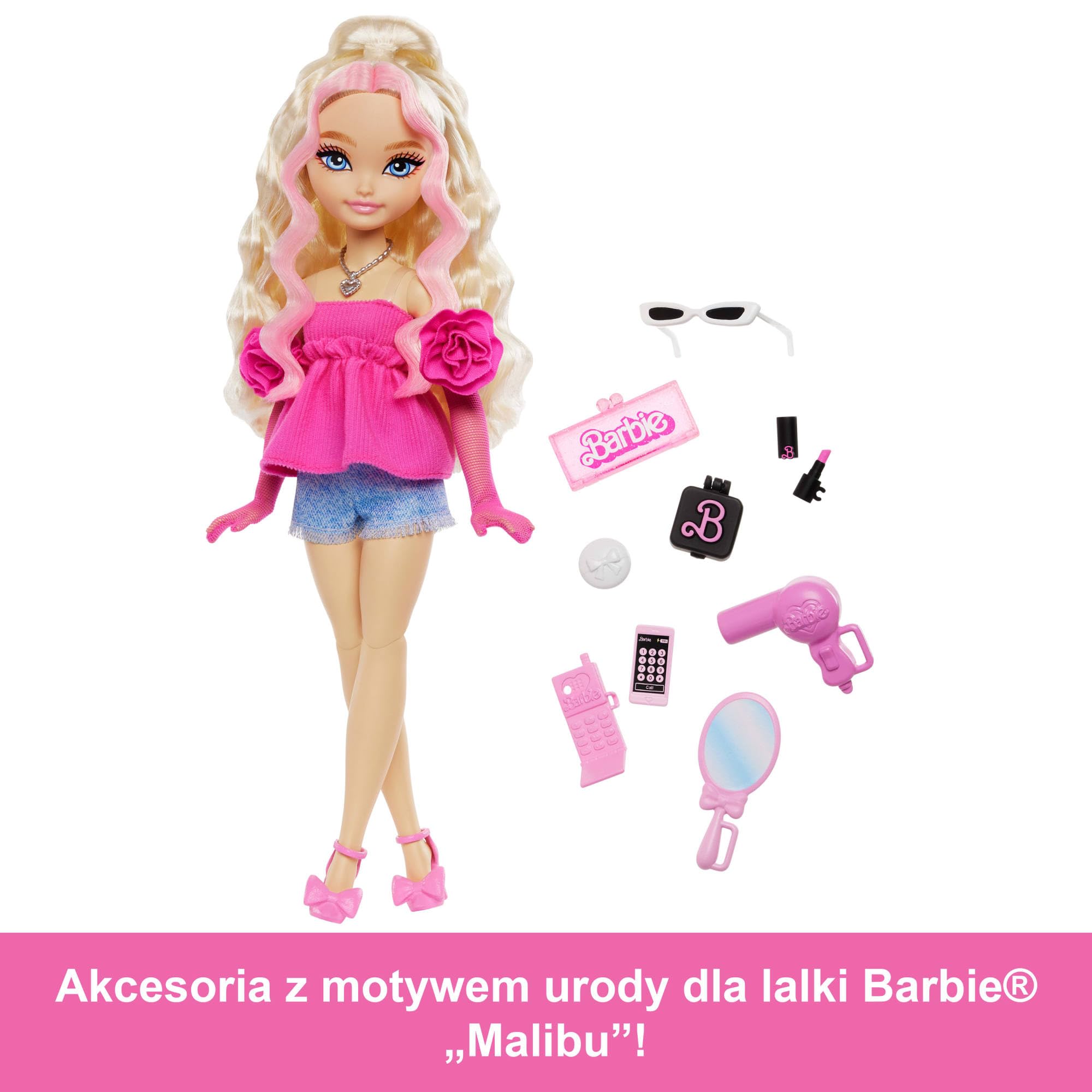 Barbie Dream Besties Lalka modowa „Malibu” do ustawiania w różnych pozach z falowanymi blond włosami i 8 akcesoriami urodowymi, HYC21