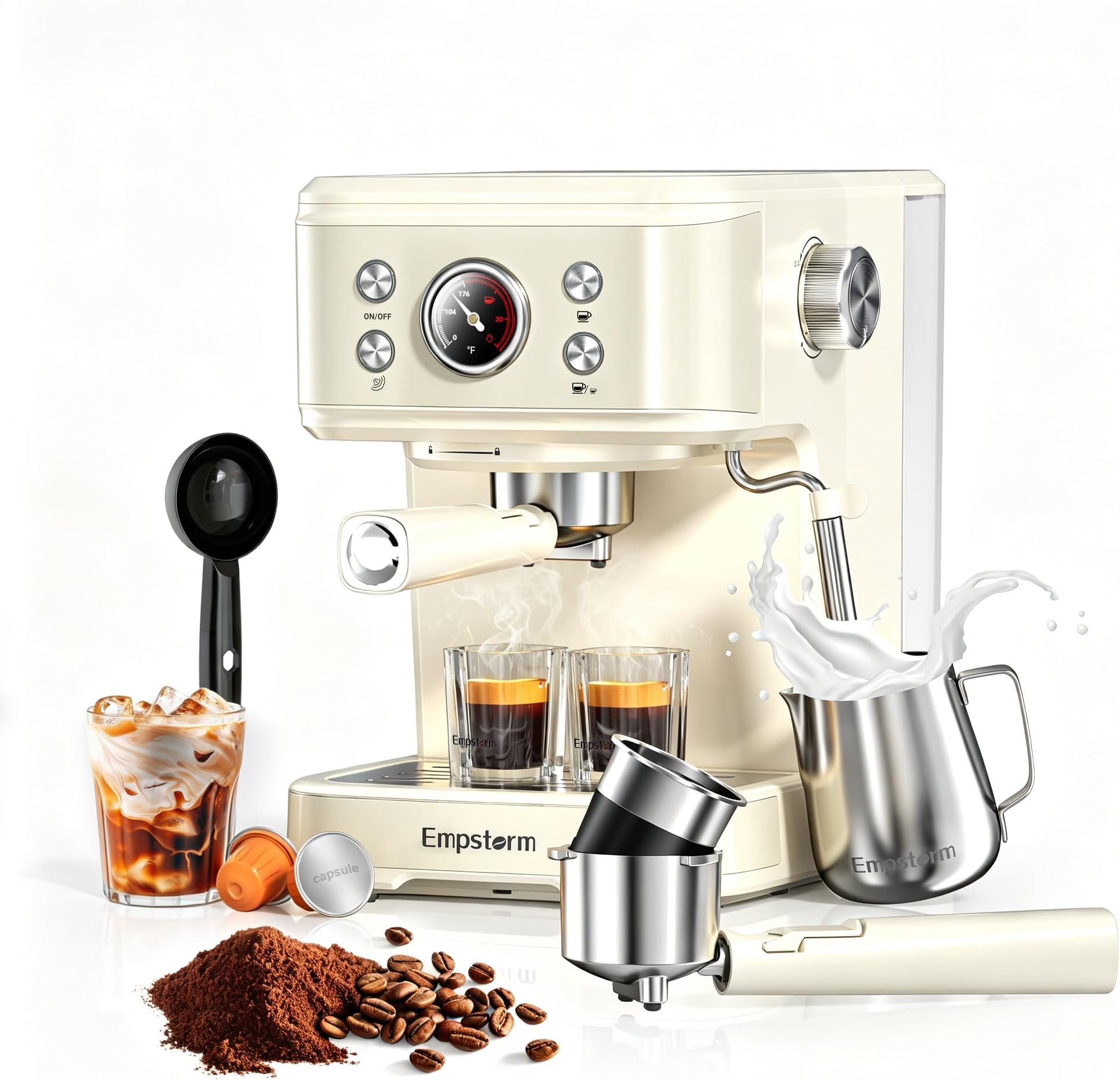Empstorm 04E 20 Bar Espresso Machine with Milk Frother Steam 1100W White | Powder and Capsule 2 IN 1, for Nespresso Original Capsules Latte Cappuccino Expresso Machine for Home Or Office