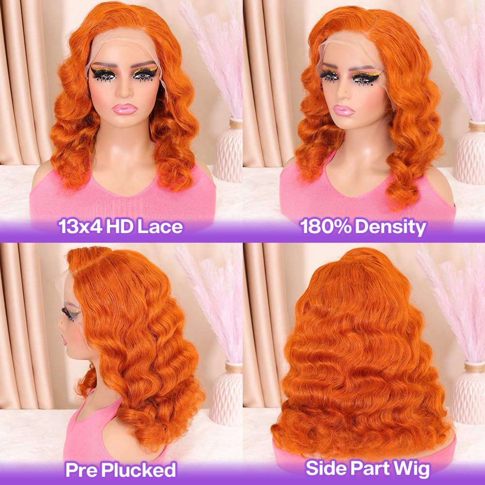 Hihmarm 18 Inch Ginger Orange Lace Front Wigs Human Hair Pre Plucked 13x4 HD Lace Frontal Wigs Human Hair Natural Hairline 180% Density Body Wave Lace Frontal Wigs for Black Women Glueless Wig
