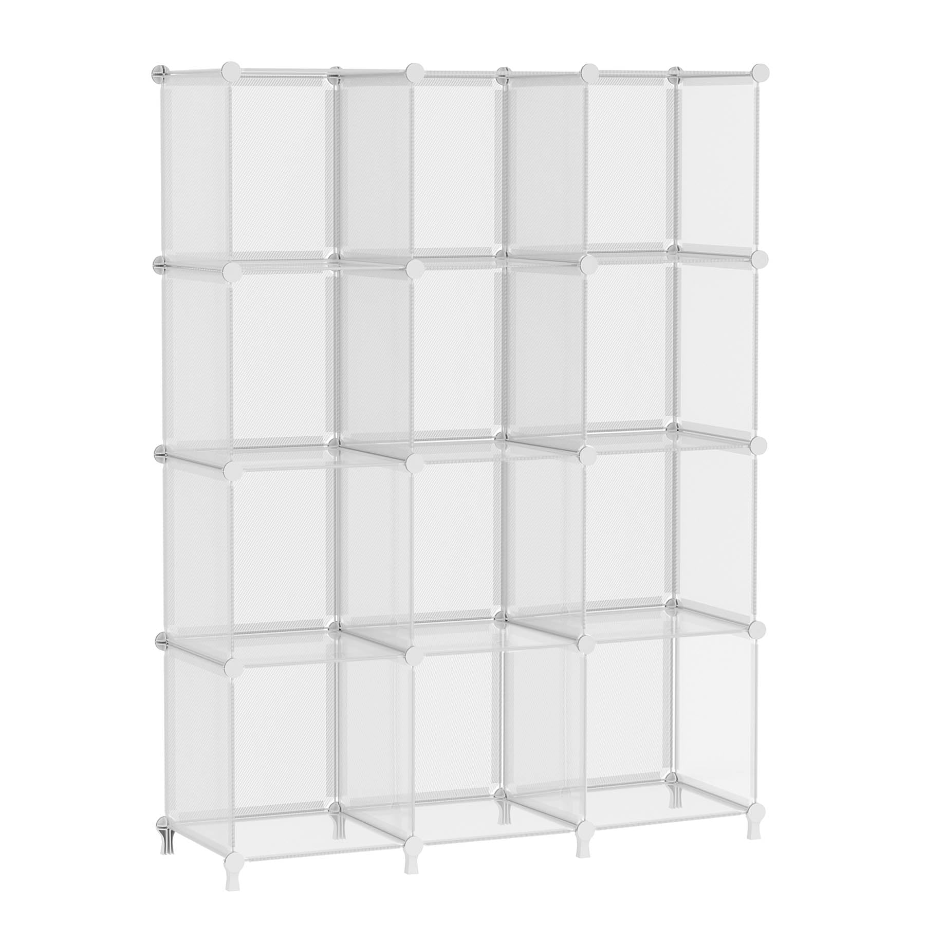 AWTATOS Cube Storage Organizer, 12 Cube Shelves Bookshelf, Closet Organizers and Storage, DIY Stackable Plastic Clothes Organizer Shelving for Bedroom, Home Office, Transparent Twill