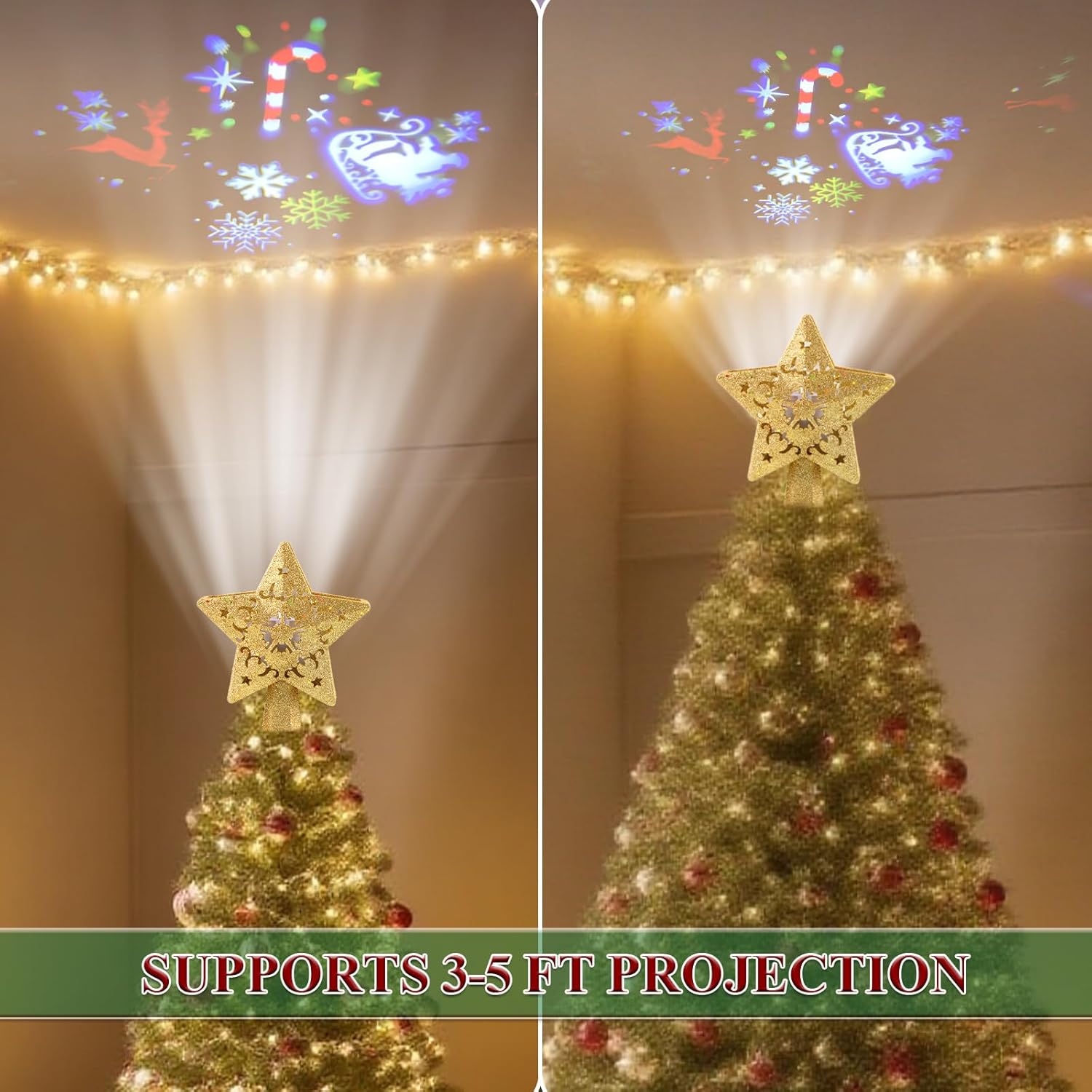 Christmas Tree Star Topper Lights, Plug in Christmas Tree Decorations, with Rotating LED Projector - Auto Spinning Snowflake & Santa Projection, 9 Inch Lighted Tree Top Decor for Holiday Party
