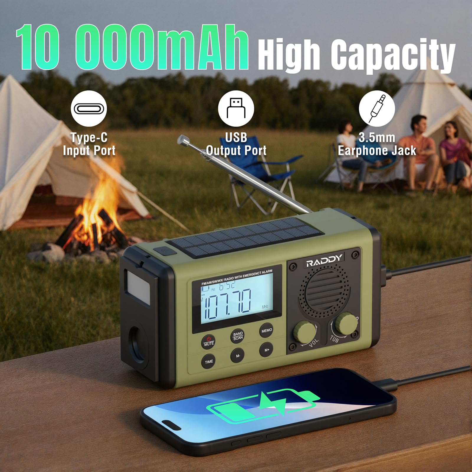 Raddy SH-908 Radio à manivelle IPX6, Radio d'urgence AM/FM/SW avec Solaire & USB, Lampe Torche/Lecture, SOS, Boussole, Chargeur de téléphone pour Camping & coupures de Courant 10 000 mAh, Vert