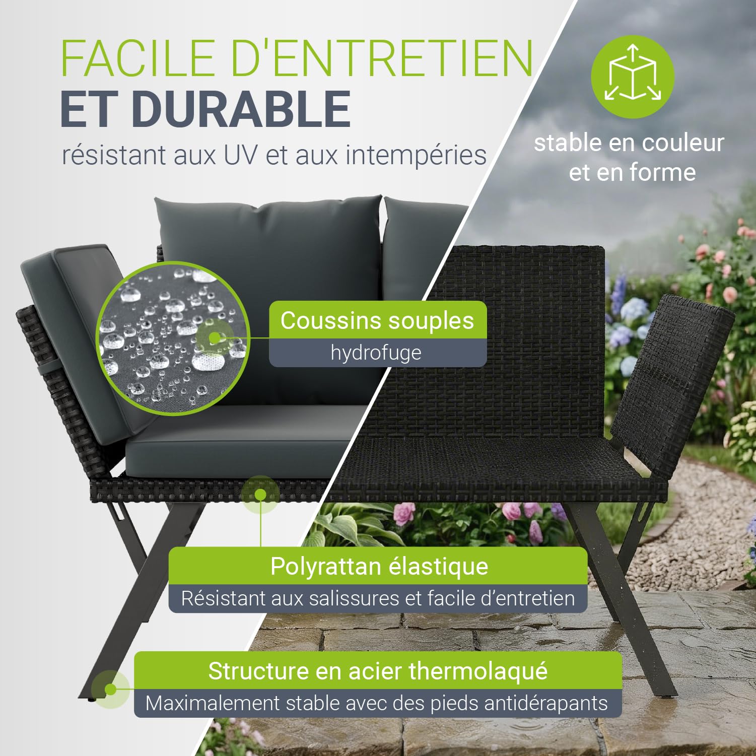 Juskys® Banc Multifonctions Calvia Noir/Gris - transat Pliable en polyrotin résistant, Banc Jardin Charge 240 kg